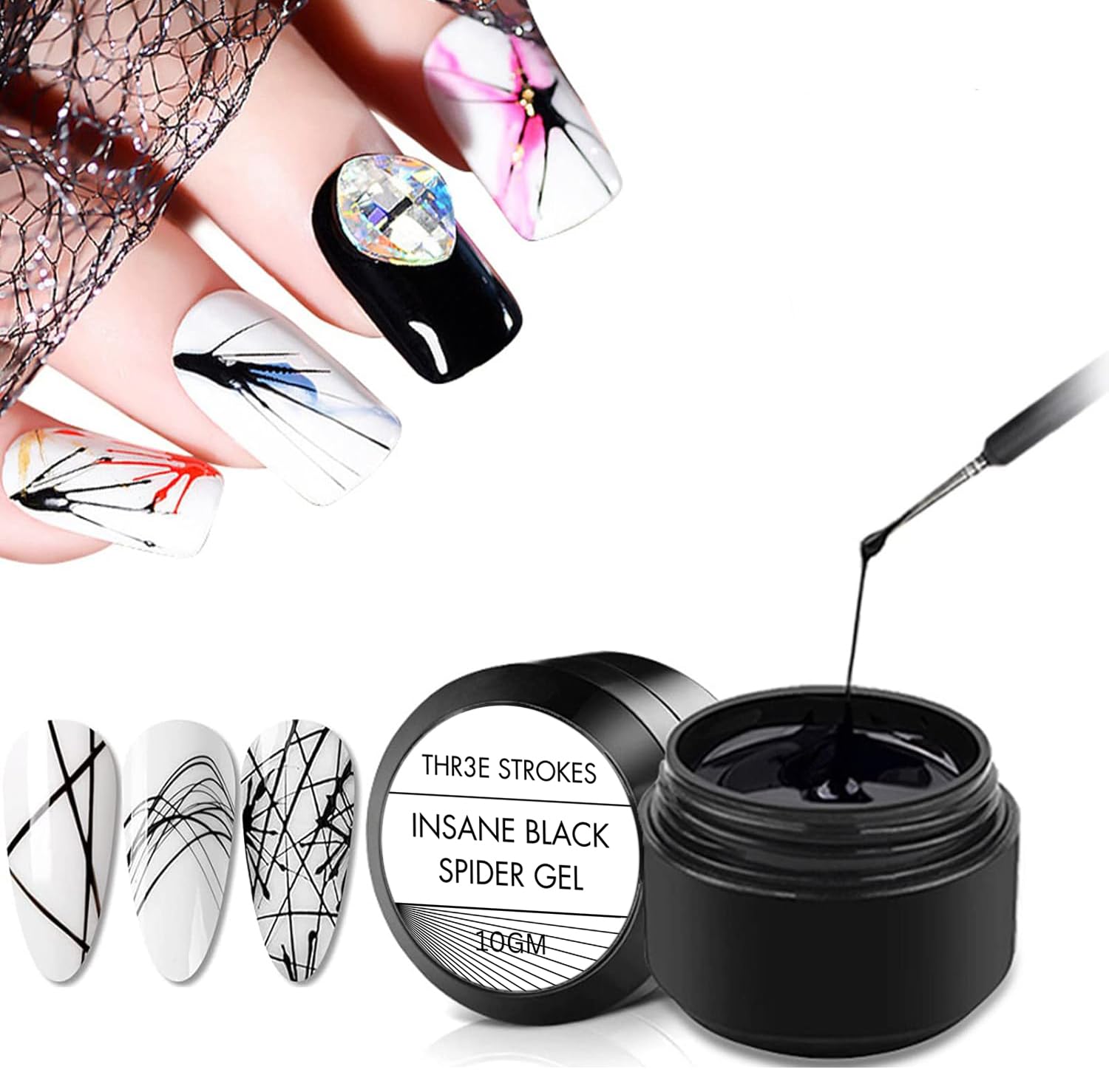 THR3E STROKES Spider Gel Kit - Black Nail Art Kit with 15 Brushes, UV LED Lamp, Glove - 4 in 1 Gel Effect, Painting, 3D, Normal - Cosmetic Nail Set