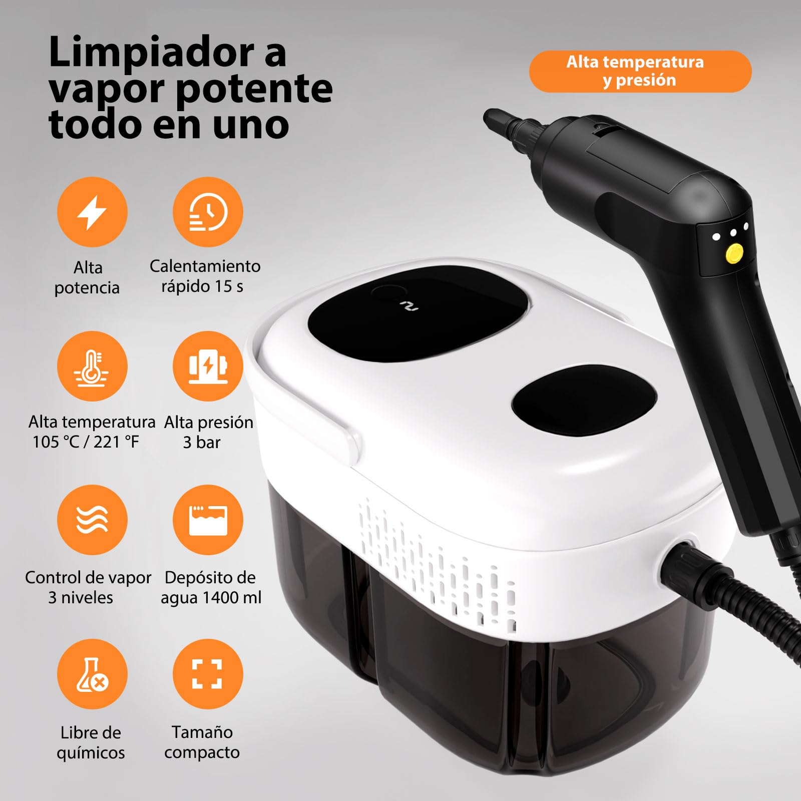 Vaporeta Limpieza Hogar, Calentamiento en 15 s, 3 Niveles Ajustables, Vaporeta de Mano con Depósito de 1,4 L, Limpiador a Vapor Potente para Coches, Suelos, Hogar, Cocina y Ventanas