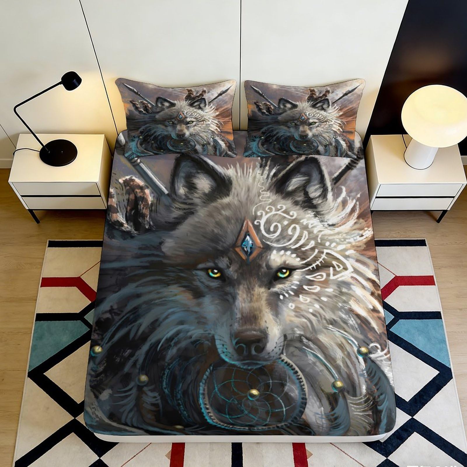 3D Printed Wolf Dreamcatcher Fitted Sheet Microfiber Soft Durable Mystic Pattern Bed Cover for Bedroom Dormitory Guest Room Mattress Protection 180x200x25cm