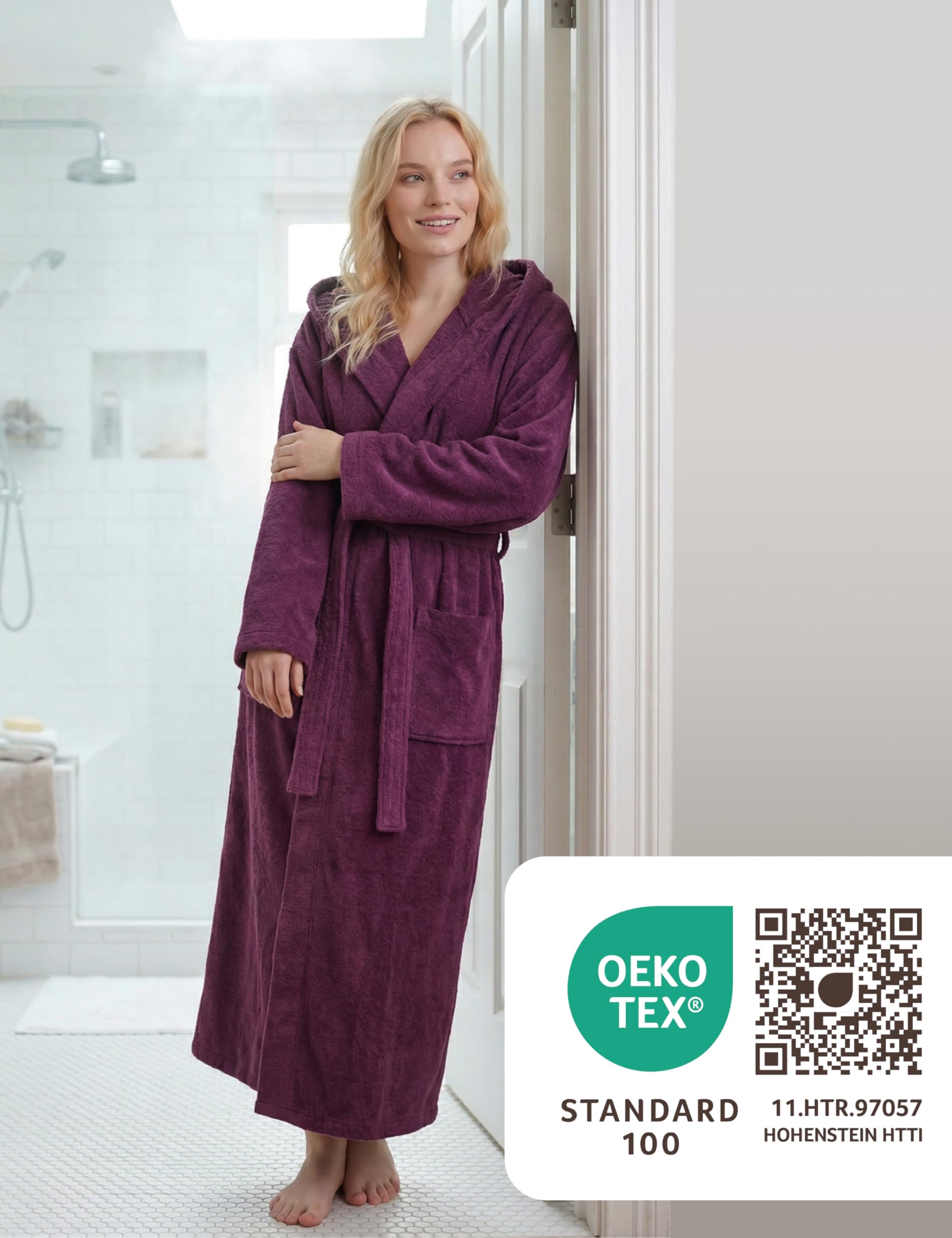 Peignoir Femme Extra Long à Capuche – 100% Coton Éponge 380 g/m² – Robe de Bain Sauna et Spa, Long jusqu’aux Chevilles, Doux et Absorbant, Tailles S–XXL