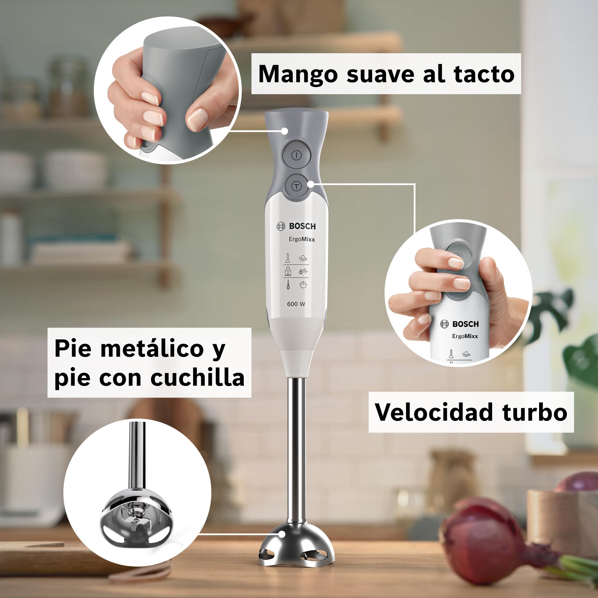 Bosch - Batidora de mano, ErgoMixx, 600 W, QuattroBlade, Blanco, MSM66110