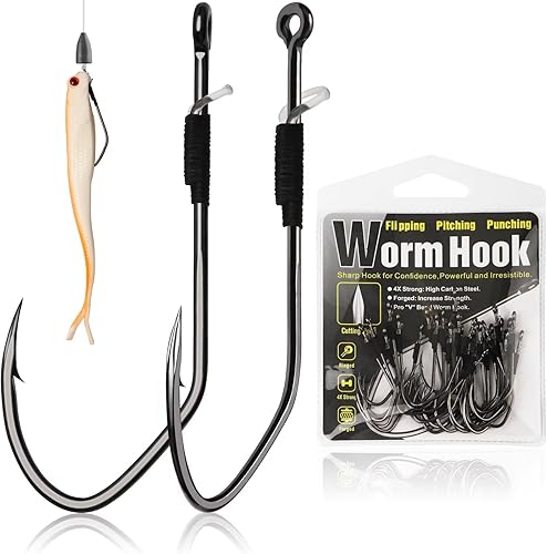 Dovesun Ganchos de gusano sin hierbas, ganchos de equipo de Texas, 30 unidades, profesionales en V, anzuelos de pesca para agua dulce y salada, 3