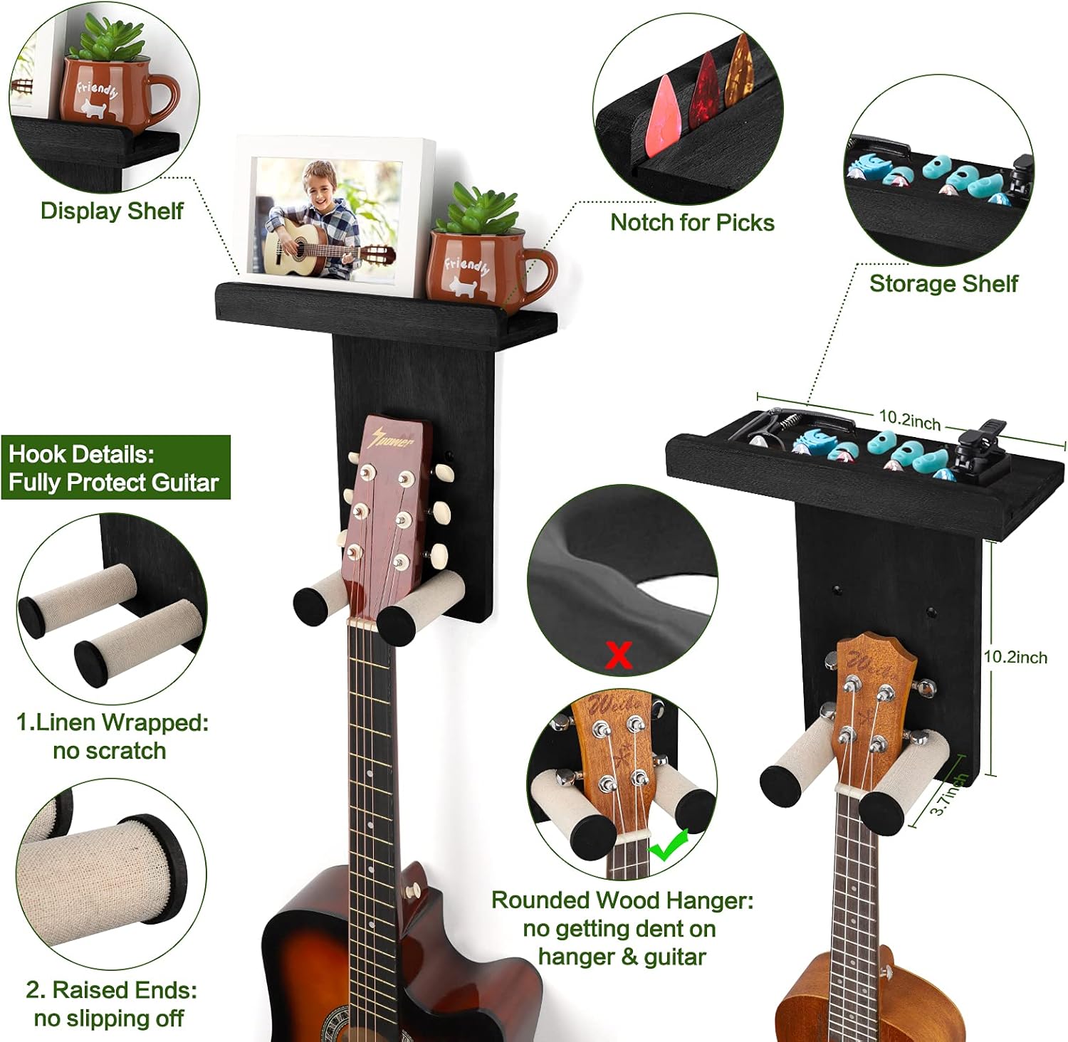 Keebofly Guitar Wall Hanger,2 Pack Guitar Wall Mount Holder Guitar Hanger Shelf with Pick Holder Wood Guitar Rack for Acoustic or Electric Guitar,Ukulele,Bass,Mandolin Black,[Patented]