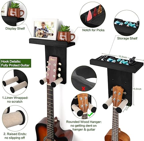 Miniatura 27 de Keebofly Soporte de pared para guitarra, paquete de 3, colgador de guitarra de madera rústica con soporte para púas para acústico, eléctrico, bajo