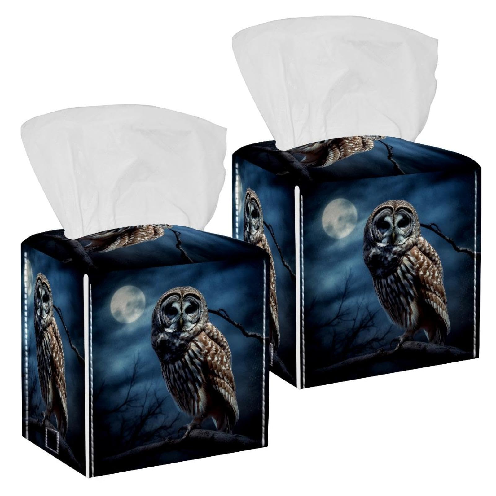 Boîte à mouchoirs en cuir bleu et distributeur de mouchoirs hibou de salle de bain