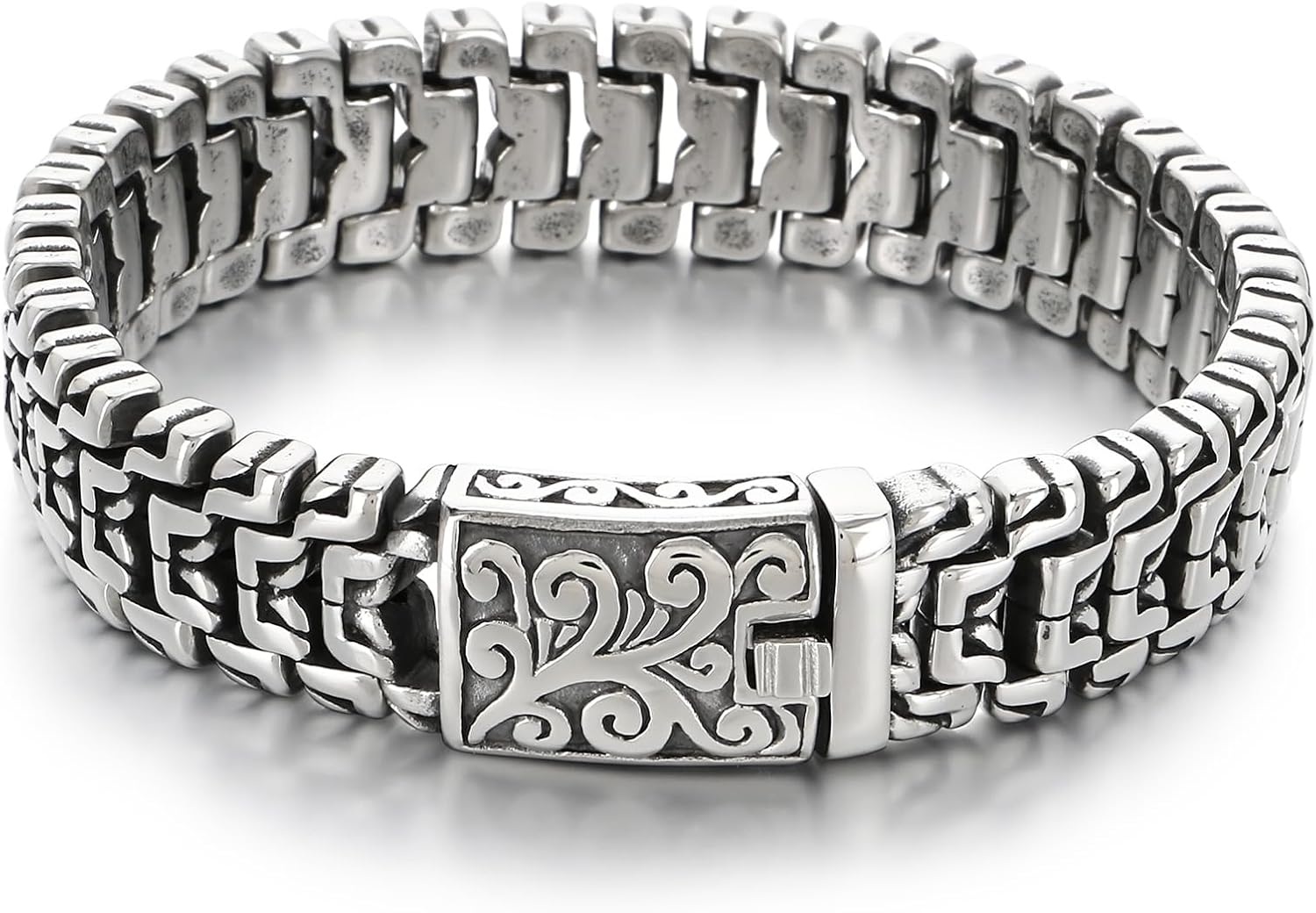 Vintage Stainless Steel Bracelet for Men, Engraved Flowers Pattern Metal Chain Bracelet Retro Punk Jewelry Gift for Him