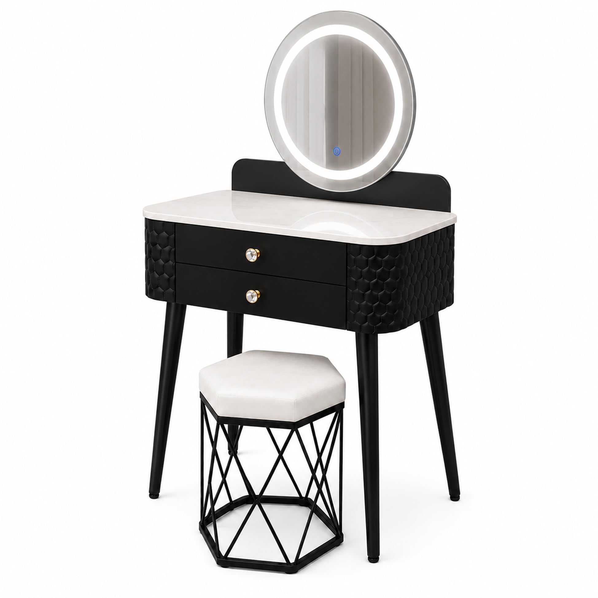 FURNITUREWAVE Luxury Dressing Table with LED Mirror & Stool Set, Marble Top Vanity Makeup Desk with 2 Drawers, PU Leather Side Panels & Gold-Effect Handles (Black)