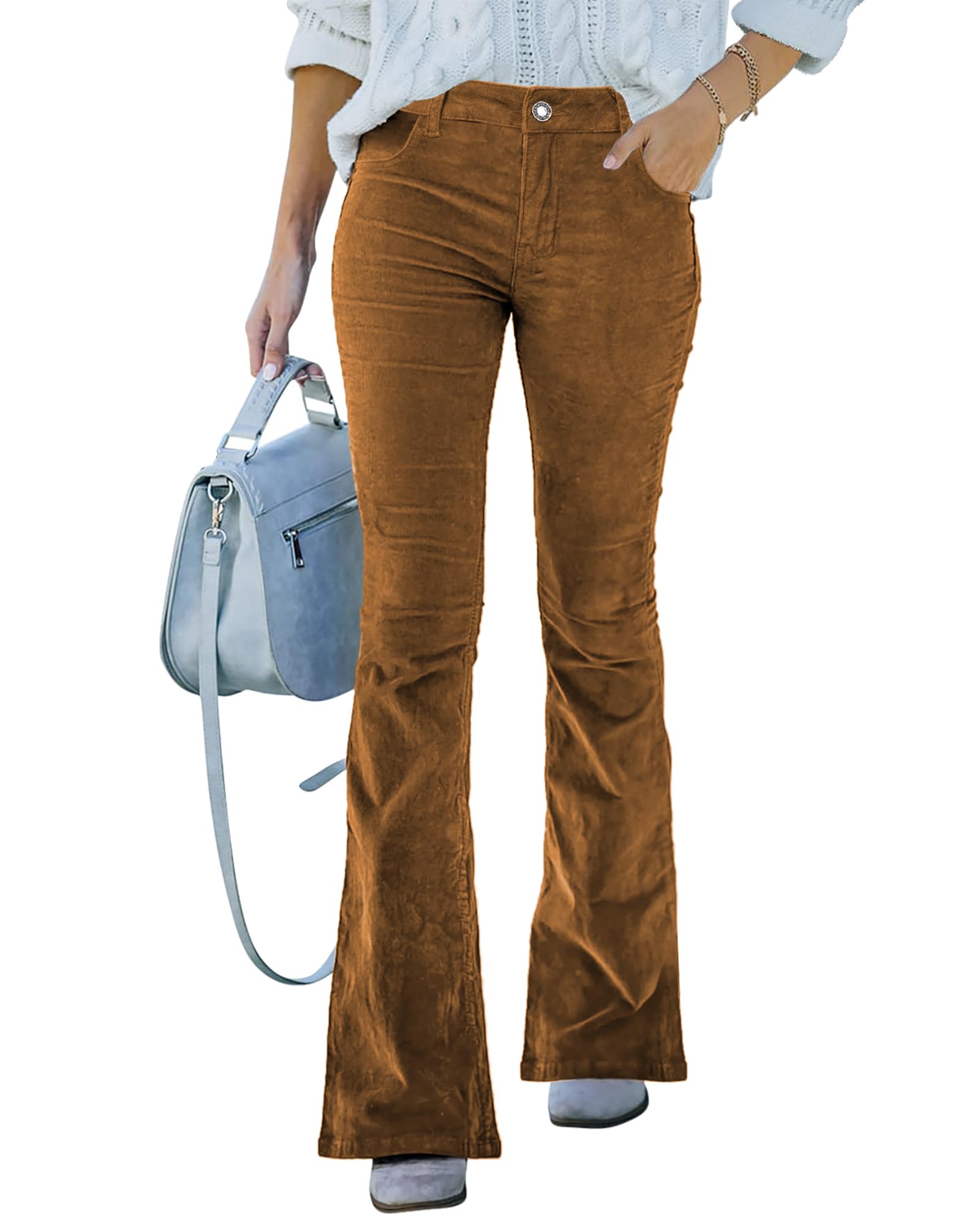 Corduroy Pants for Women High Waist Flare Pants Vintage Baggy Wide Leg Bell Bottom Trousers Pants with Pockets