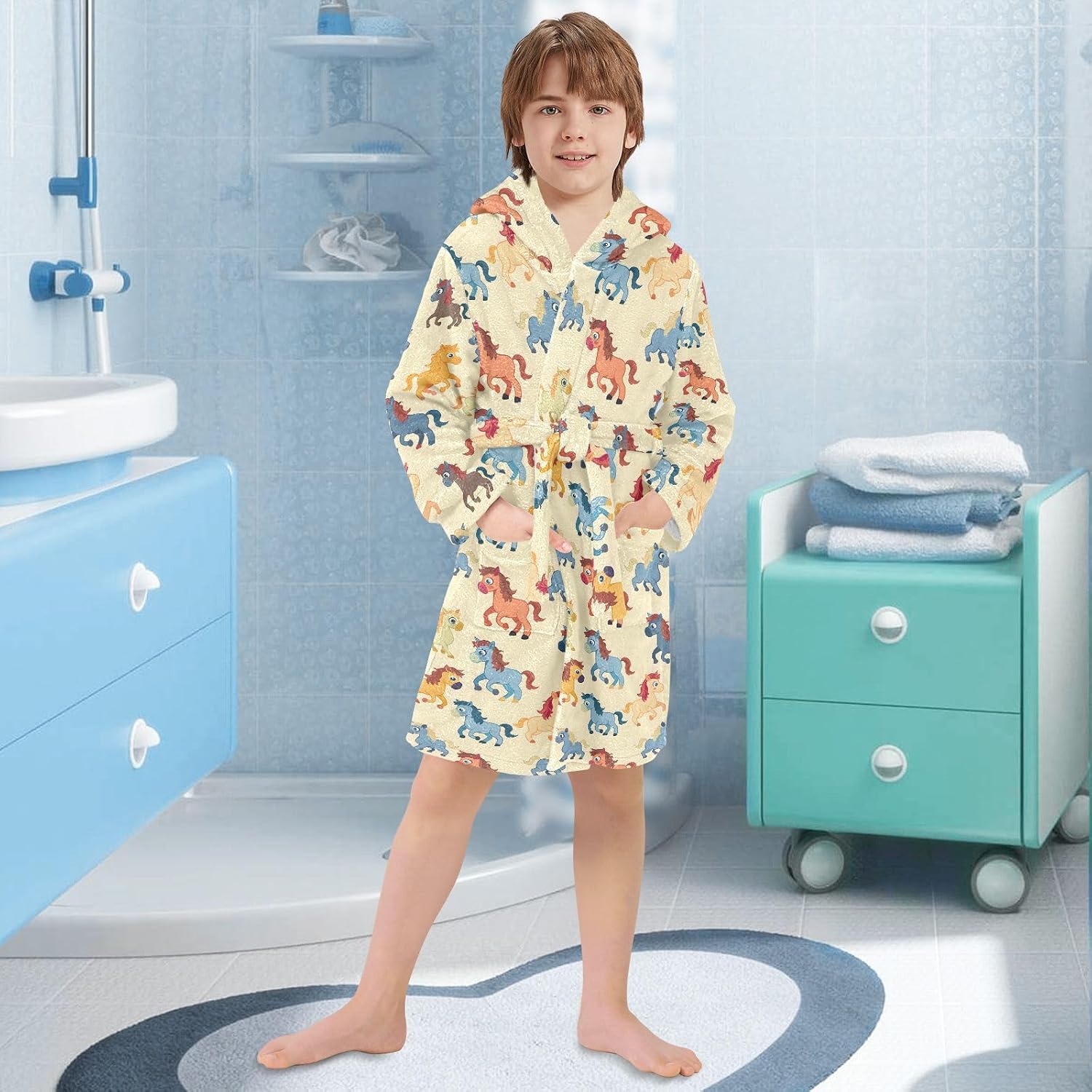 senya Cartoon Horse Colorful Toddler Hooded Bathrobe Kids Soft Plush Bath Towel Robes for Boys Girls 2-12 Years