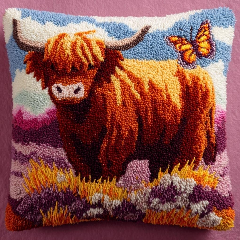 AxiangziK Latch Hook Cushion Kit for Adults & Beginners,Highland Cattle and Butterflies