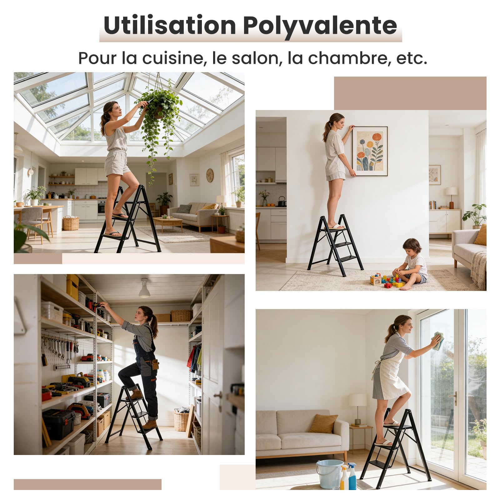 Sekey Marchepied 3 Marches Pliable Aluminium, Escabeau Escamotable Châssis Acier Marches Alu Anti-Glissantes, Ultra Léger pour Maison & Cuisine, Certifié TÜV SGS EN131 EN14183, Capacité 150 kg, Noir