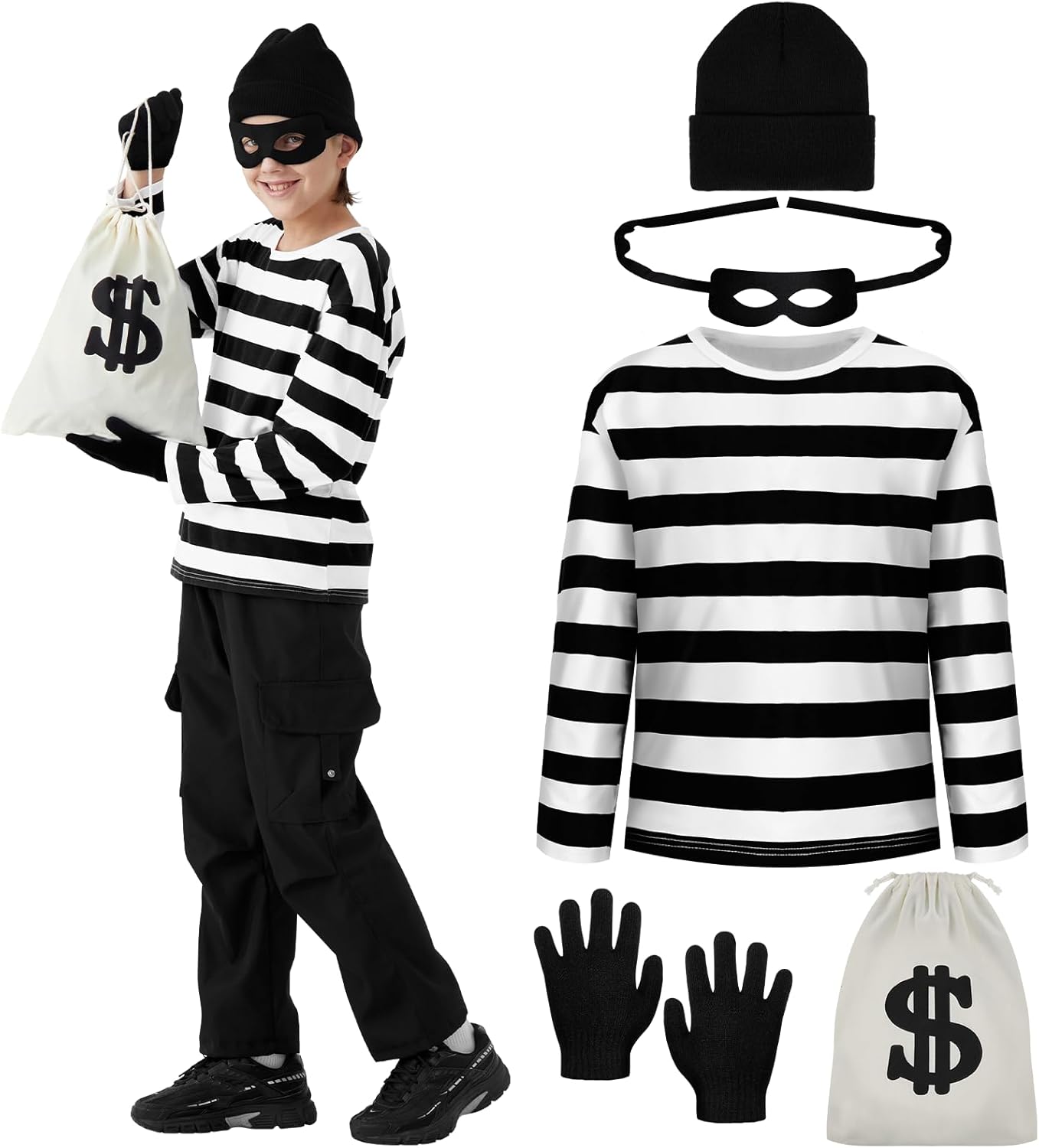 5PCS Kids Robber Costume Set,Bank Burglar Costume Shirt with Accessories,Halloween Robber Cosplay Outfits for Boys Girls