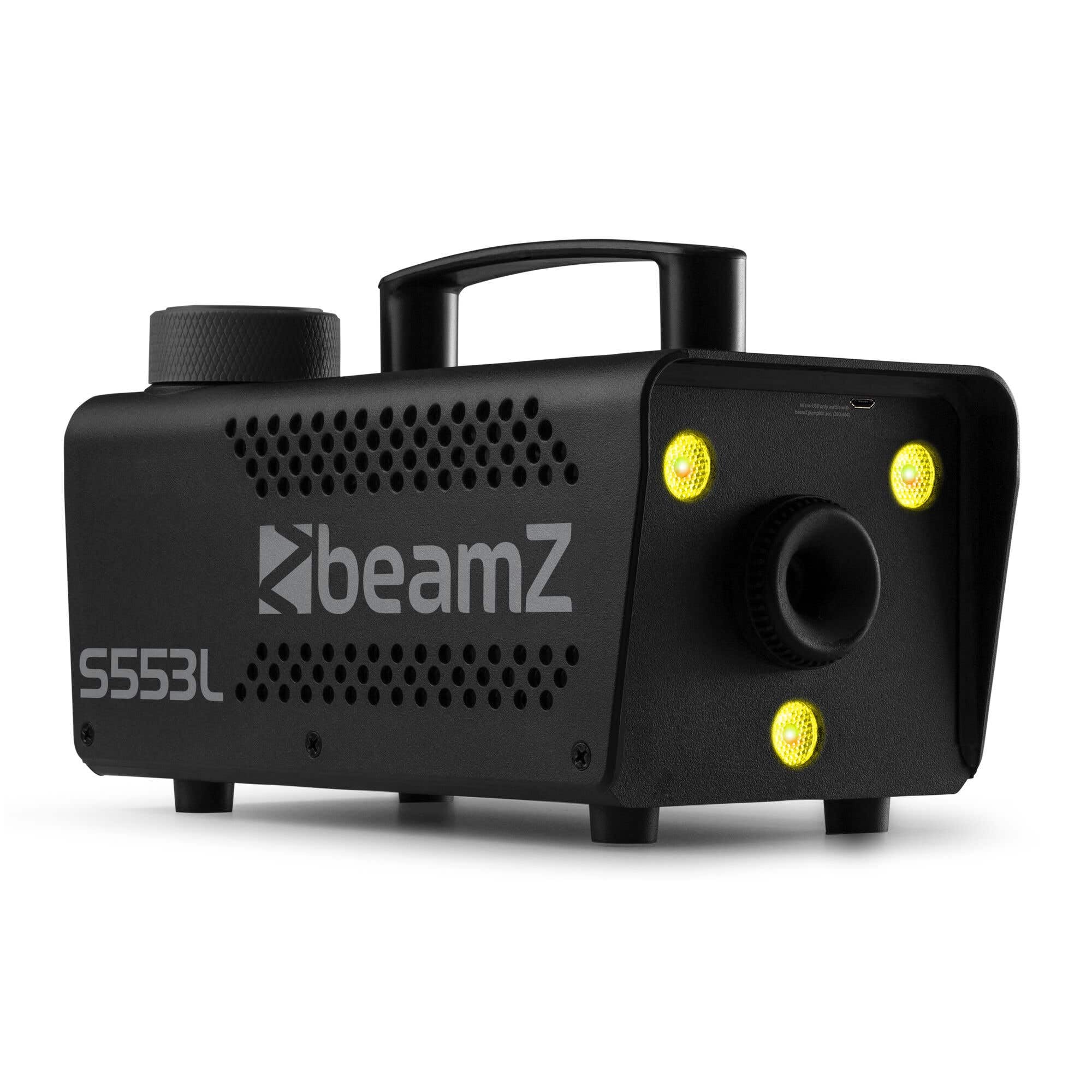 BeamZ Nebelmaschine S553L - LED Nebelmaschine Mini mit Lichteffekt und 250ml Nebelfluid, 550 Watt mit Fernbedienung, Rauchmaschine Party, Smoke Machine mit 3 LEDs RGB, Nebelmaschine Halloween