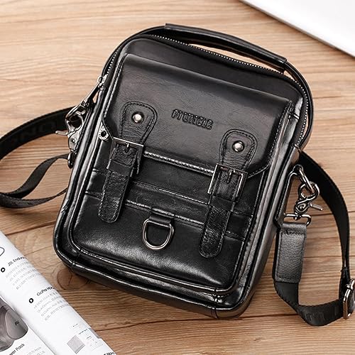 Miniatura 4 de Hebetag Bolso bandolera de cuero pequeño para hombre, para viajes al aire libre, negocios