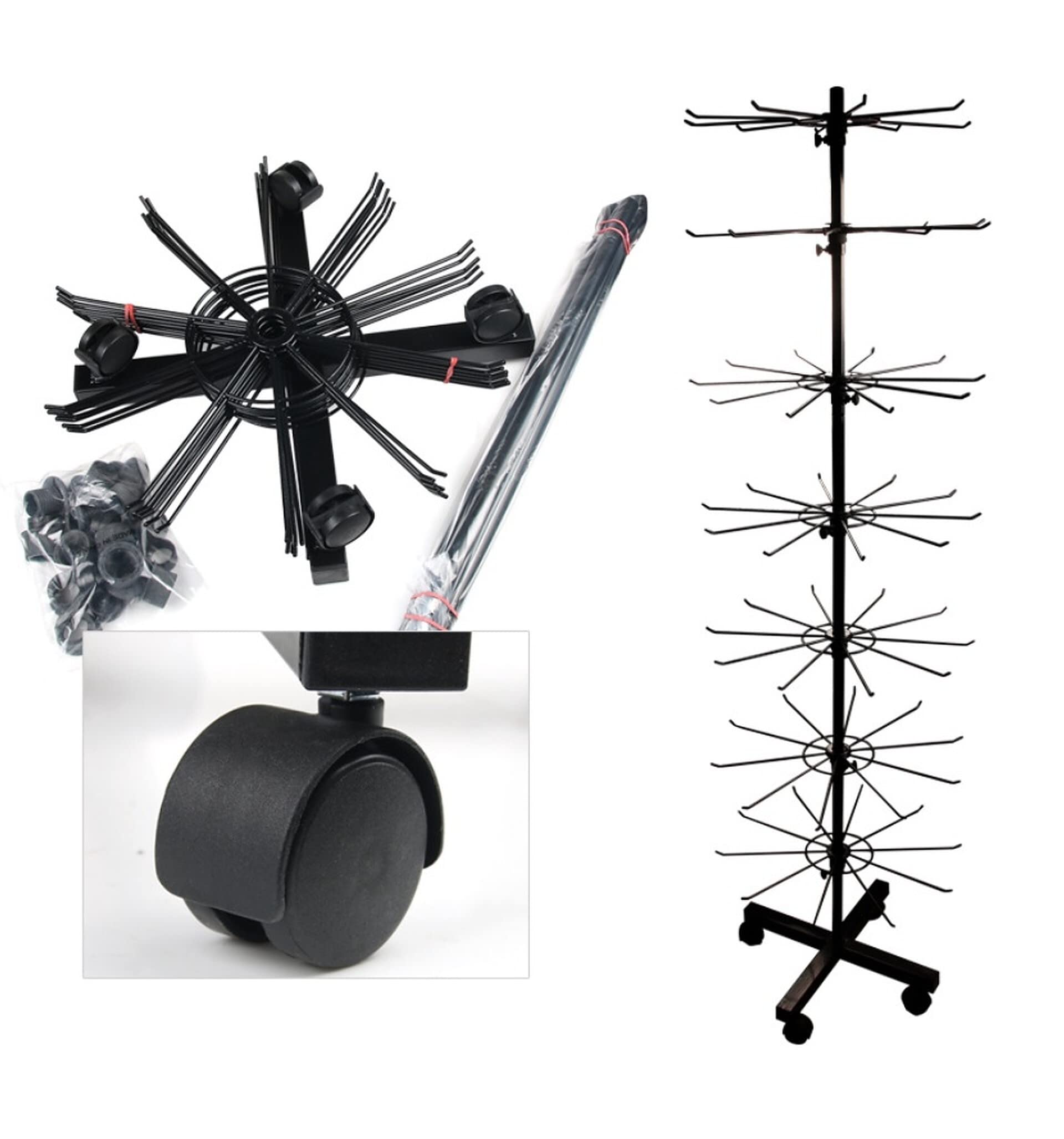 2er Set - Verkaufsständer drehbar Höhe 155cm | rollbares Warenständer 7 Etagen | Drehständer mit 70x Haken aus Metall | Ständer Ladenausstattung Theke | Ladeneinrichtung Kleinartikelständer in [weiß]