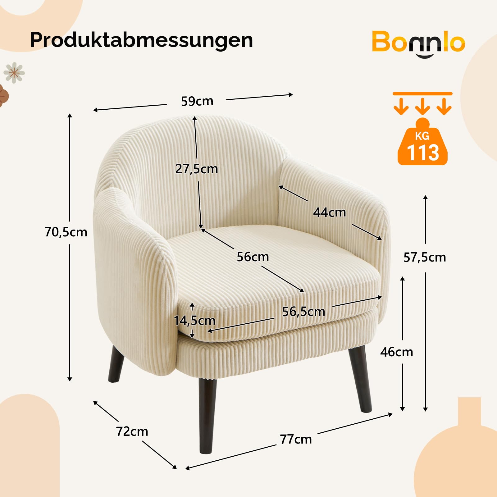 Bonnlo Sessel, Gepolsterter Cocktailsessel, Lesesessel, Clubsessel, Moderner Loungesessel für Wohnzimmer, Schlafzimmer, Büro oder Wartebereich, belastbar bis 113 kg, Feincord, Beige