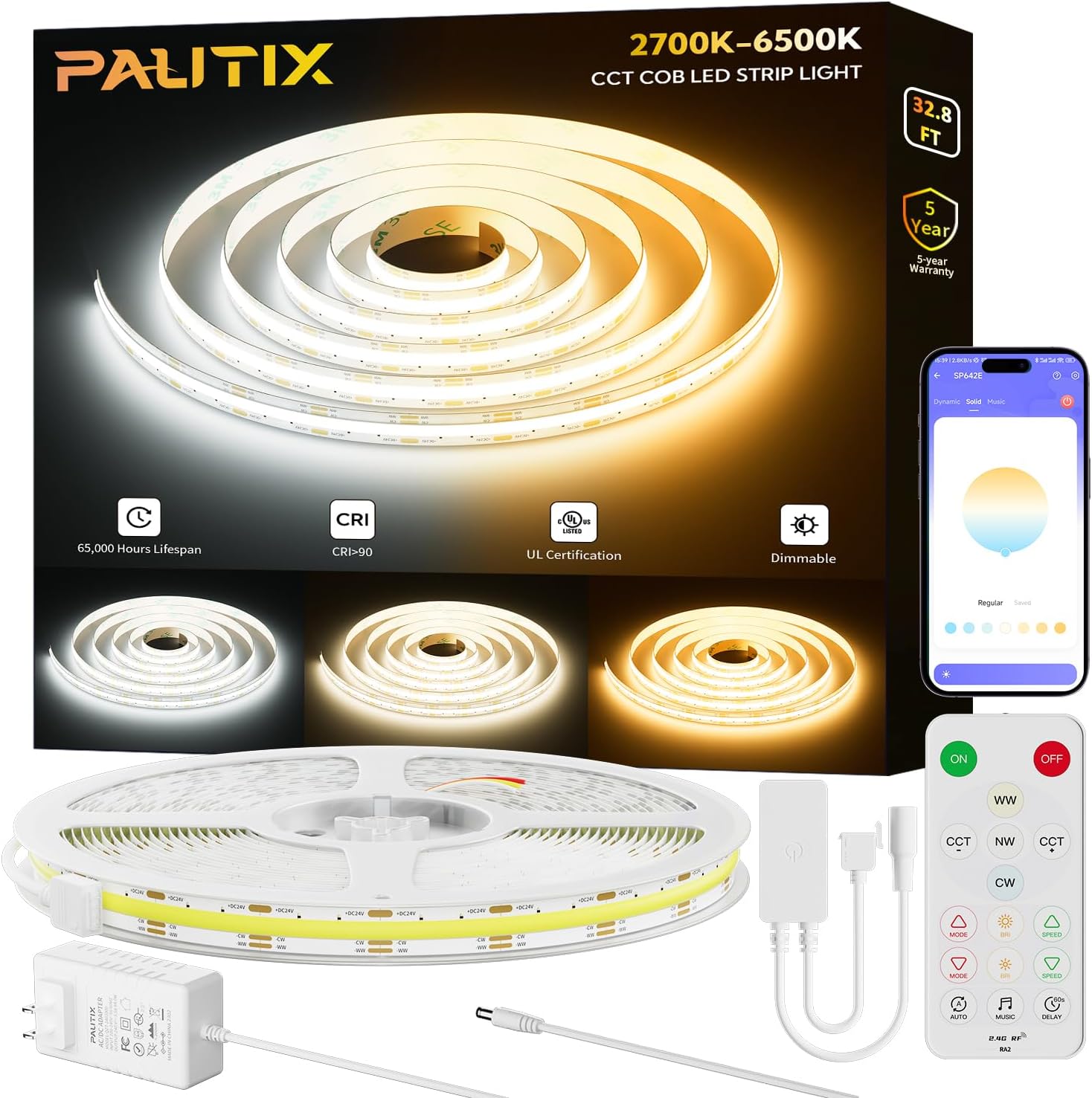 PAUTIX COB LED Strip Light White CCT Tunable 32.8ft/10m,UL-Listed 6400LEDs Dimmable 2700K-6500K CRI90+ 24V LED Tape Light Kit with APP Control/Music Mode,for Under Cabinet Bedroom Kitchen DIY Lighting
