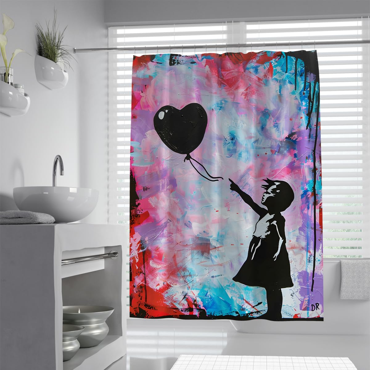 Niña Globo Corazón Cortina Ducha Rosa Azul Graffiti 180x220cm