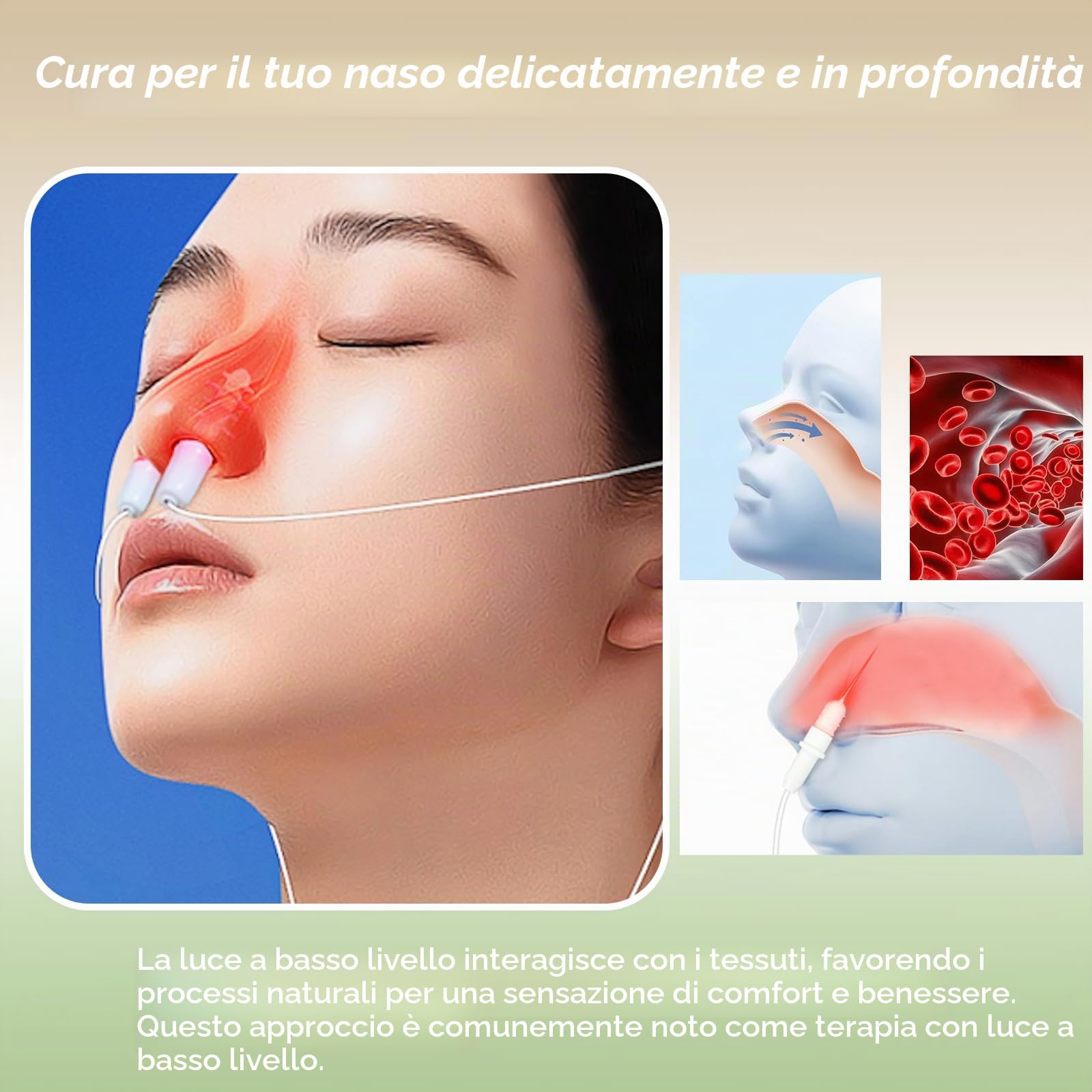 Terapia nasale a luce rossa da 650 nm, dispositivo laser per la salute nasale, 5 livelli di intensità, ricaricabile e portatile, 4 naselli in silicone per un comfort ottimale