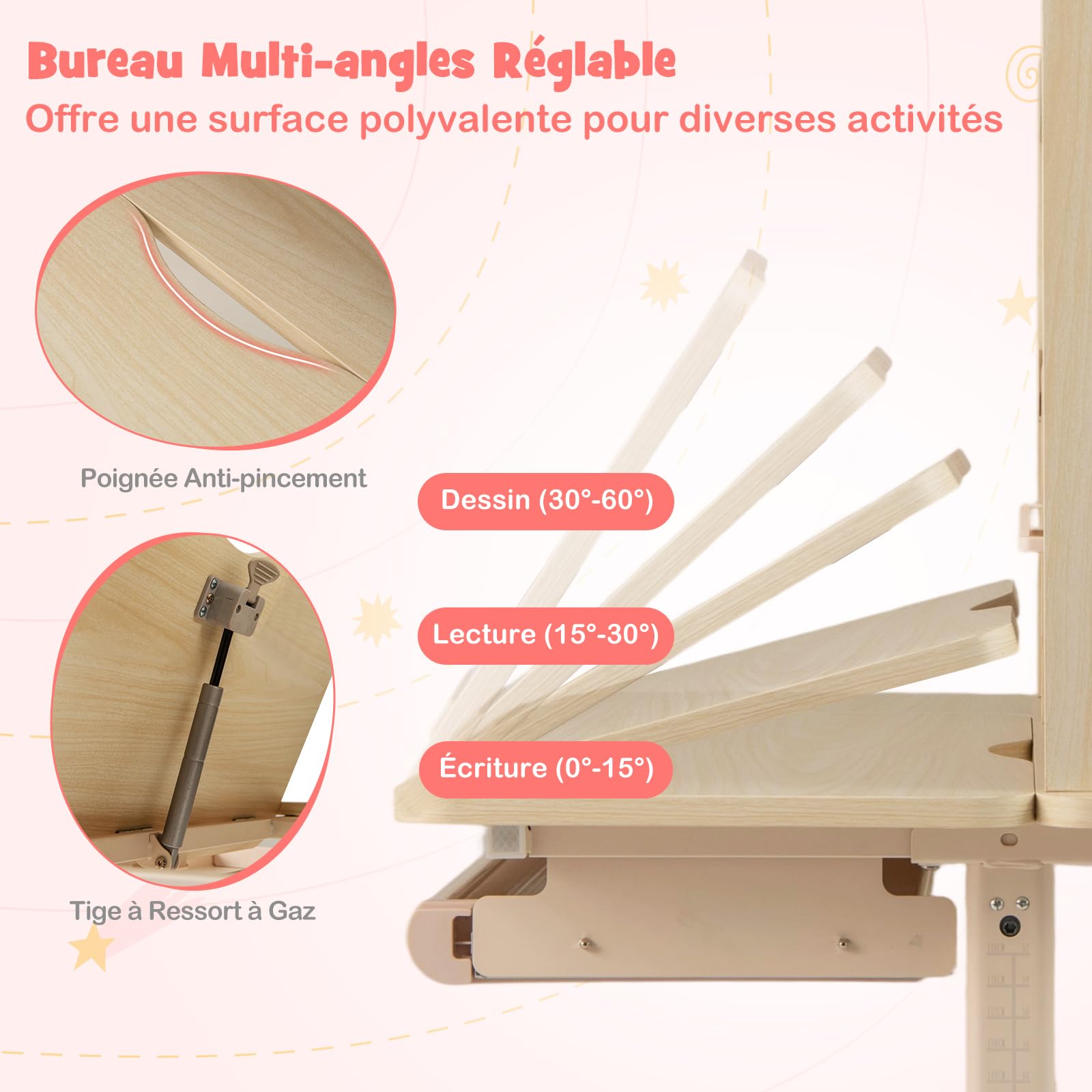 COSTWAY Bureau Enfant Fille Garcon avec Hauteur Réglable, Table Enfant avec Plateau Inclinable, Bibliothèque, Étagères, Tiroir, Support de Livre, Porte-Stylo, Charge 80 kg, pour 3-12 Ans (Naturel)