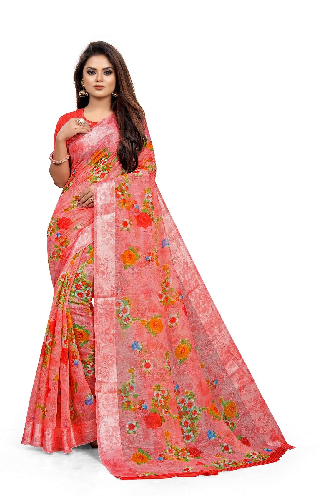 Pemal Designer Women's Tangail Linen Saree With Blouse Piece (BBC187A_Multicolour)