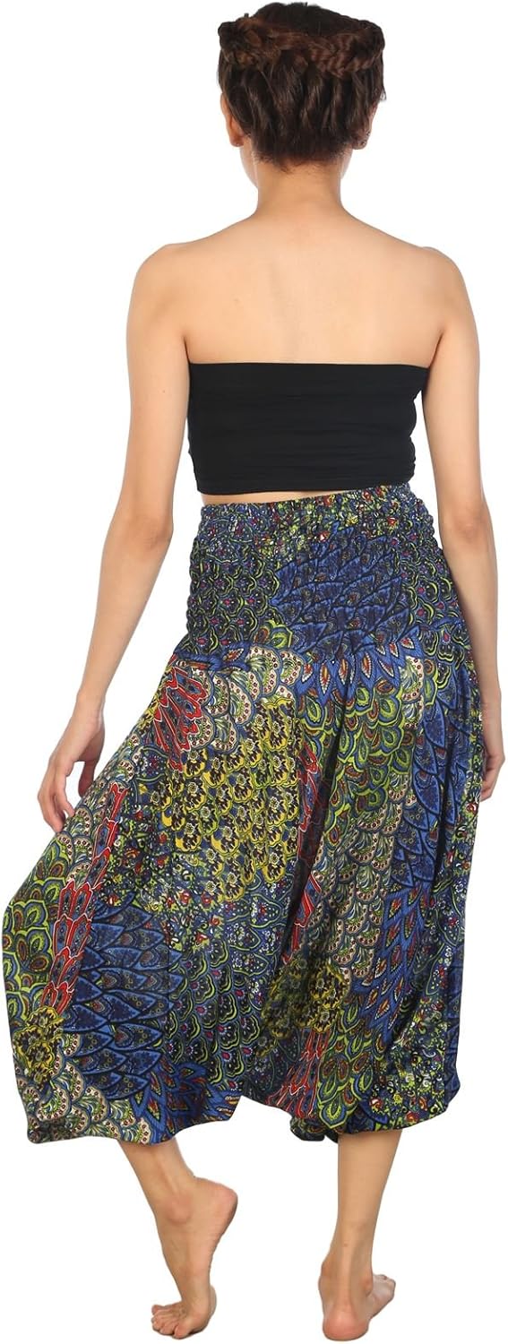 LOFBAZ Yoga Harem Pants for Women Boho Hippie Bohemian Clothing Womens Indian Beach Gypsy Clothes Maternity Genie Jumpsuit Peacock 1 Blue B L