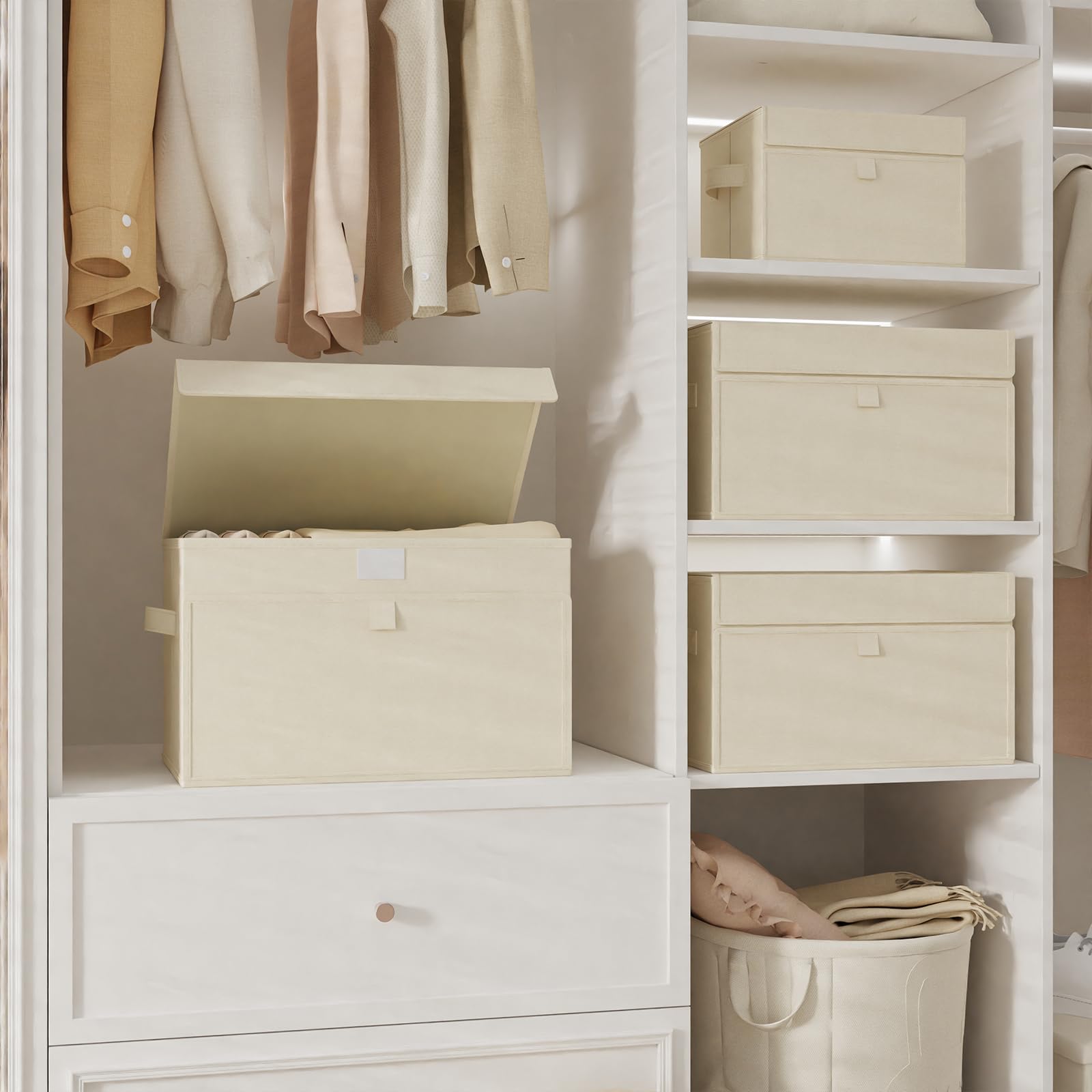 Cubo di Stoccaggio in Tessuto, Cesto Portaoggetti con Coperchio, Organizzatore di Vestiti con Manici, Utilizzato in Camera da Letto o Soggiorno, 4 Pezzi, 26x20x17cm, Beige