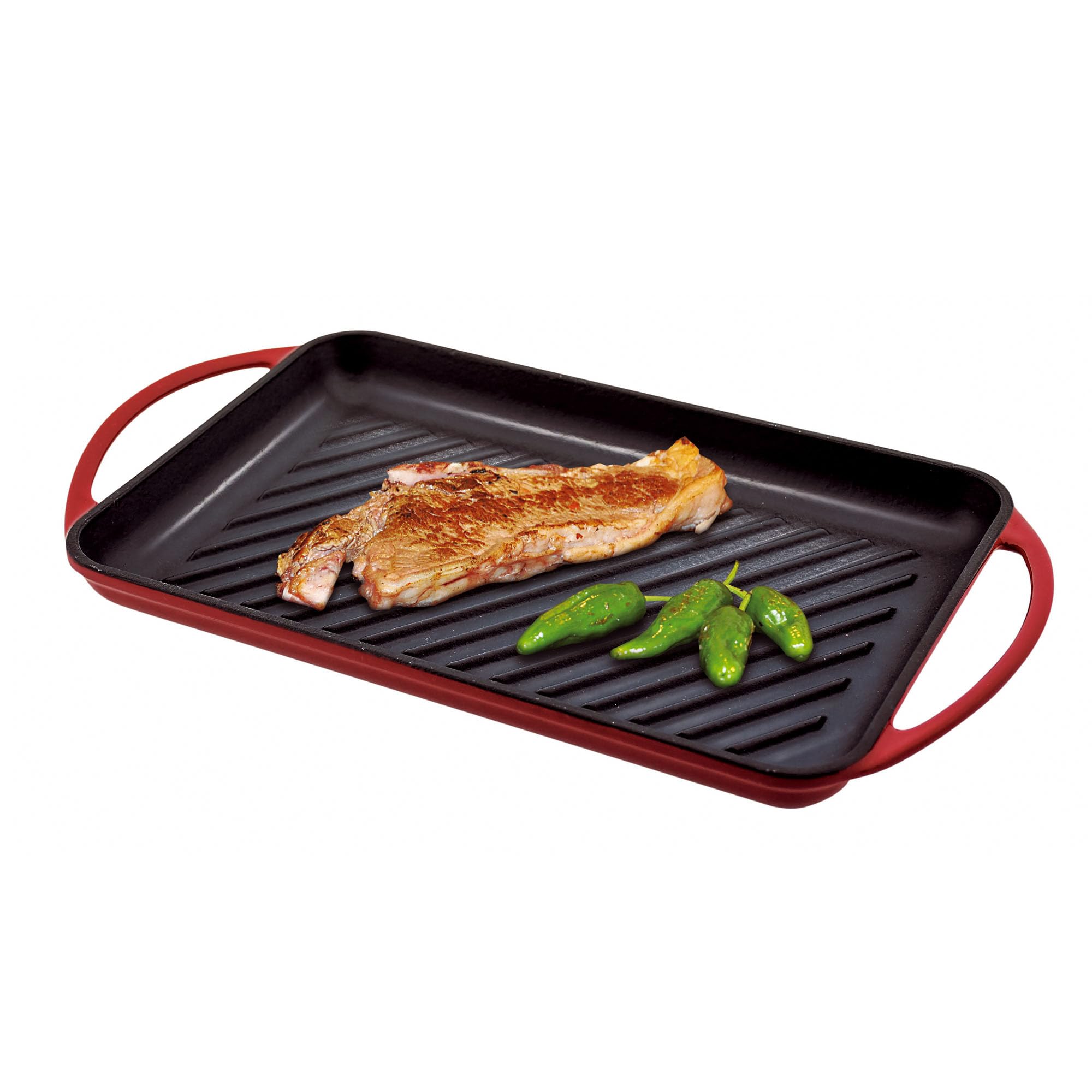 Jata GR33 - Plancha de Asar, Grill Hierro Fundido, Superficie Rayada, Apta para Todo Tipo Cocinas Incluida Inducción, Apta para Horno, 33 x 21,5, Roja