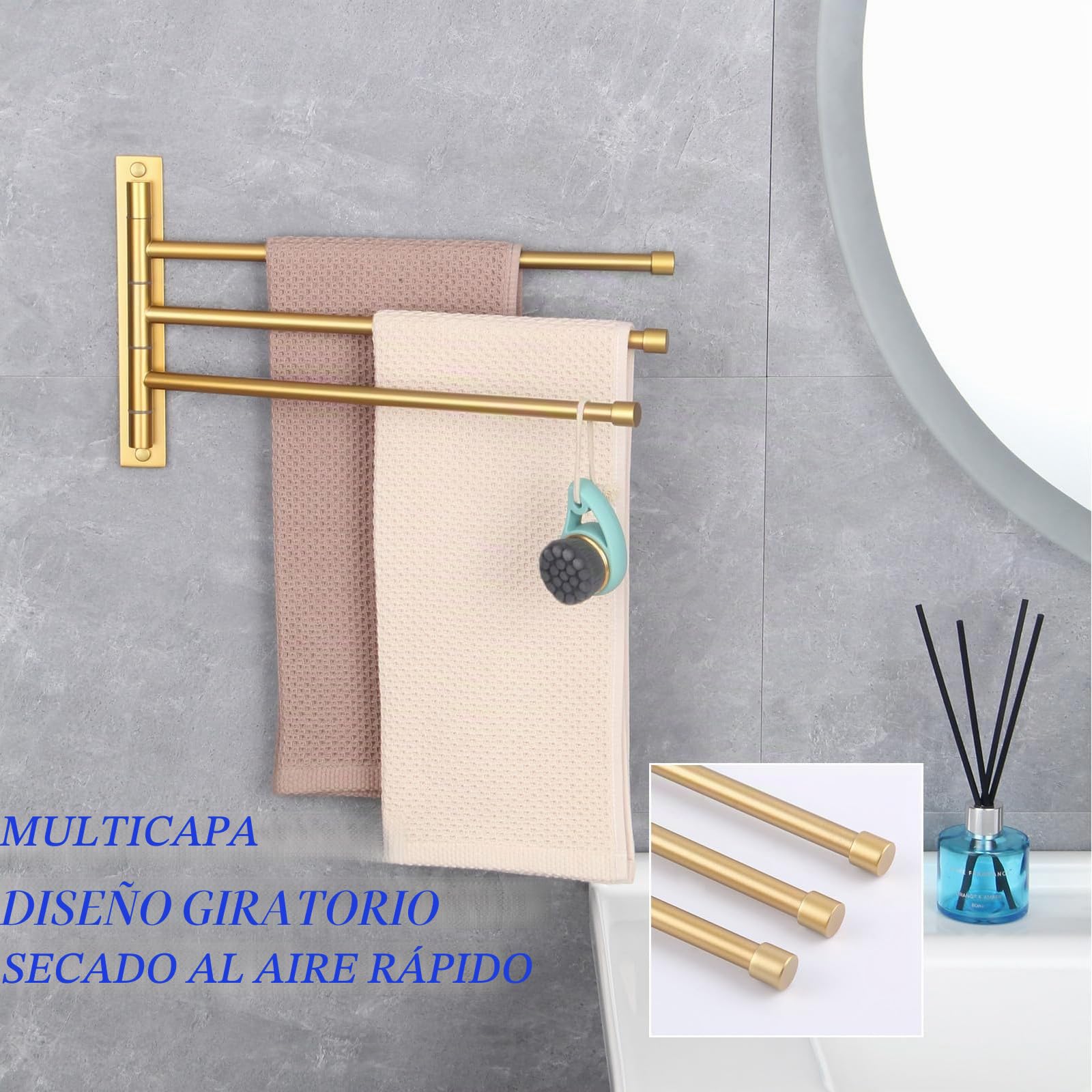GERZWY Sus 304 - Toallero de Mano de Acero Inoxidable con 3 Barras, Brazo Plegable, Soporte Giratorio para Toallas de baño, Barra de Toalla giratoria, Montaje en Pared, Acabado Dorado