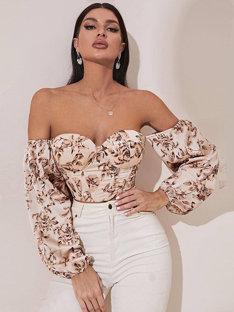 Women's top Off Shoulder Floral Print Lantern Sleeve Crop