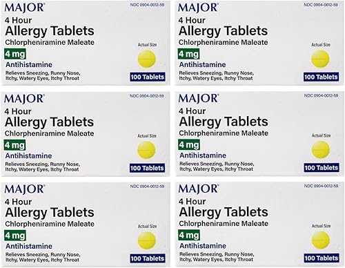 Paquete de 6 Antialérgico Antihistamínico Clorfeniramina Maleato 4 mg Genérico para Alergia al Clor-trimetón 100 tabletas por botella, 6 paquetes en