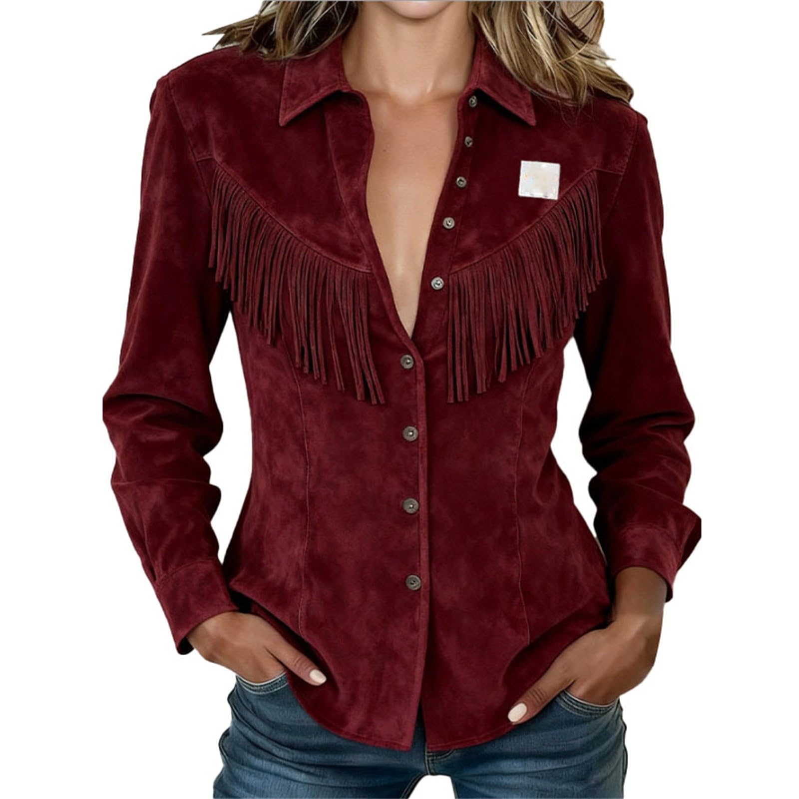 HUIFUAO Lace Western Crop Tops for Women Long Sleeve V Neck Fringe Shirts Sexy Cowgirl Outfits Tassel Blouse Fashion 70s Hippie Clothes Novelty Funny Festival Party Costumes (Z04-Red, XXL)