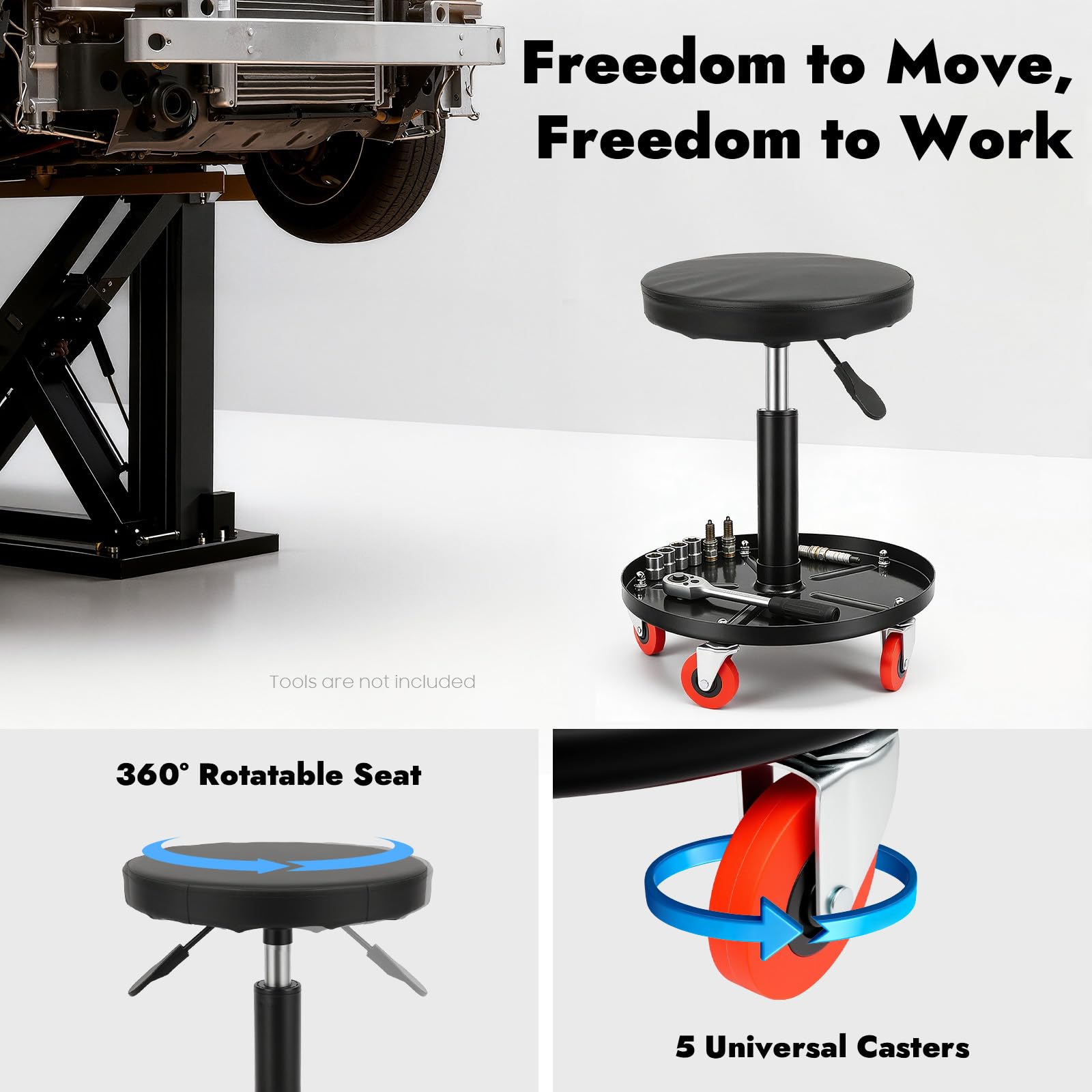 Asiento de taller, taburete de taller con ruedas, bandeja de almacenamiento, rotación de 360°, altura ajustable para reparación de coches, mantenimiento, tiendas, oficinas
