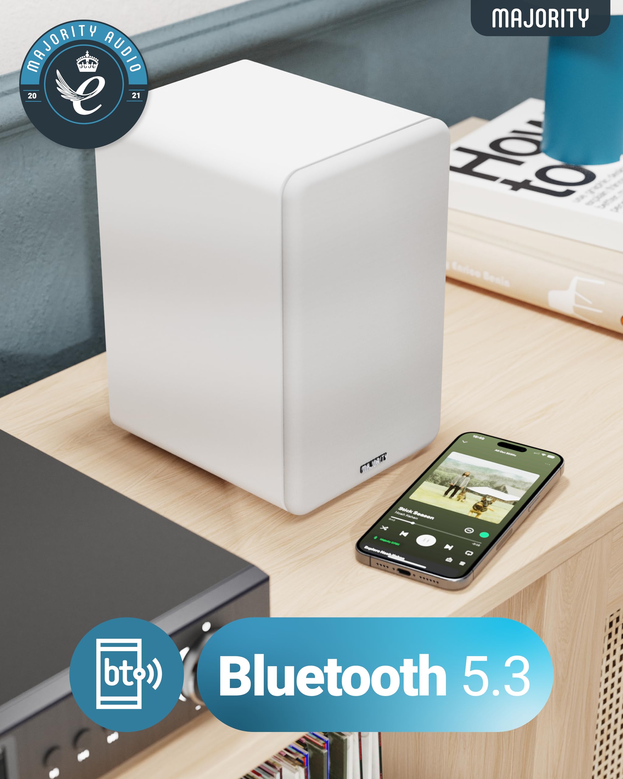MAJORITY D70X Aktivlautsprecher Bluetooth | Regallautsprecher HDMI ARC | Studio Monitor DJ Doppeltreiber Kohlefasermembranen | 70W Stereo PC Speaker | Monitor Lautsprecher mit Fernbedienung (Weiß)