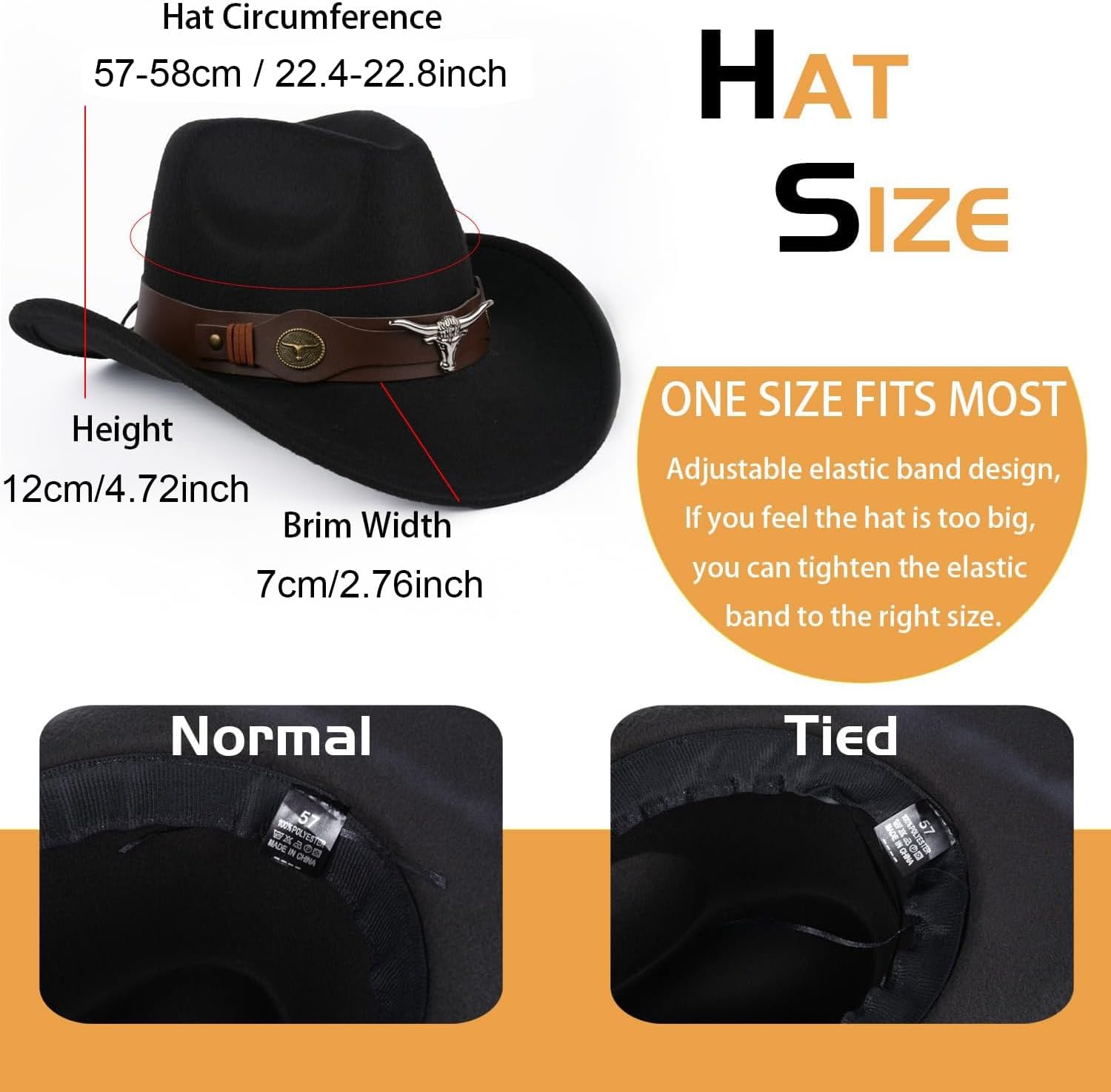 Cowboy Hat for Women and Men, Mens Western Cowboy Hats with Bull Head Womens Retro Vintage Jazz Hat Solid Color Cowgirl Hats (US, Alpha, Medium, Black 1) - Image 2