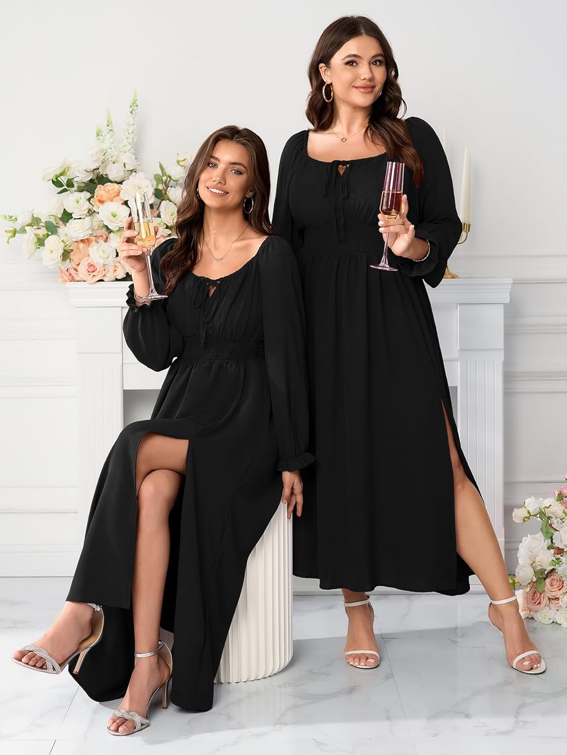 Women's Plus Size Dress Long Sleeve Smocked Dress Square Neck Tie Front Split A-Line Maxi Long Dresses - Image 7