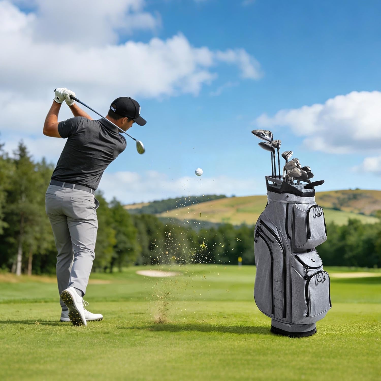 VEVOR Golf Cart Bag, 15 Way Quiet Top Divider Organizer, Grip-Locking Bottom Golf Club Bag with Full-Length Divider, Rain Hood, Storage Pockets, Shoulder Strap, Silicone Head Protection for Men