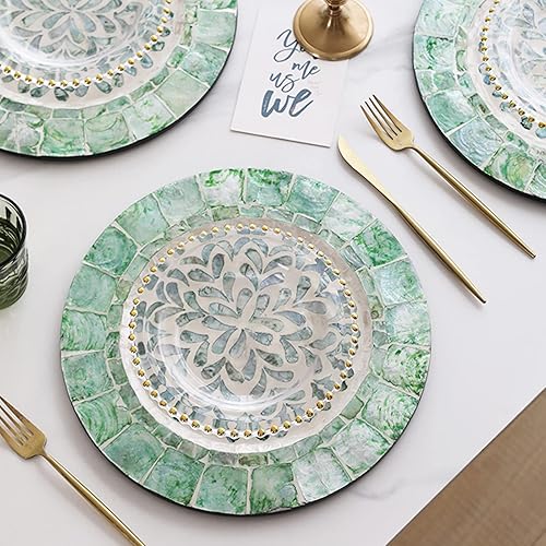 Miniatura 9 de i-lan Paquete de 2 platos decorativos de madreperla de 13 pulgadas para exhibición, platos de madera con incrustaciones de concha de mar para