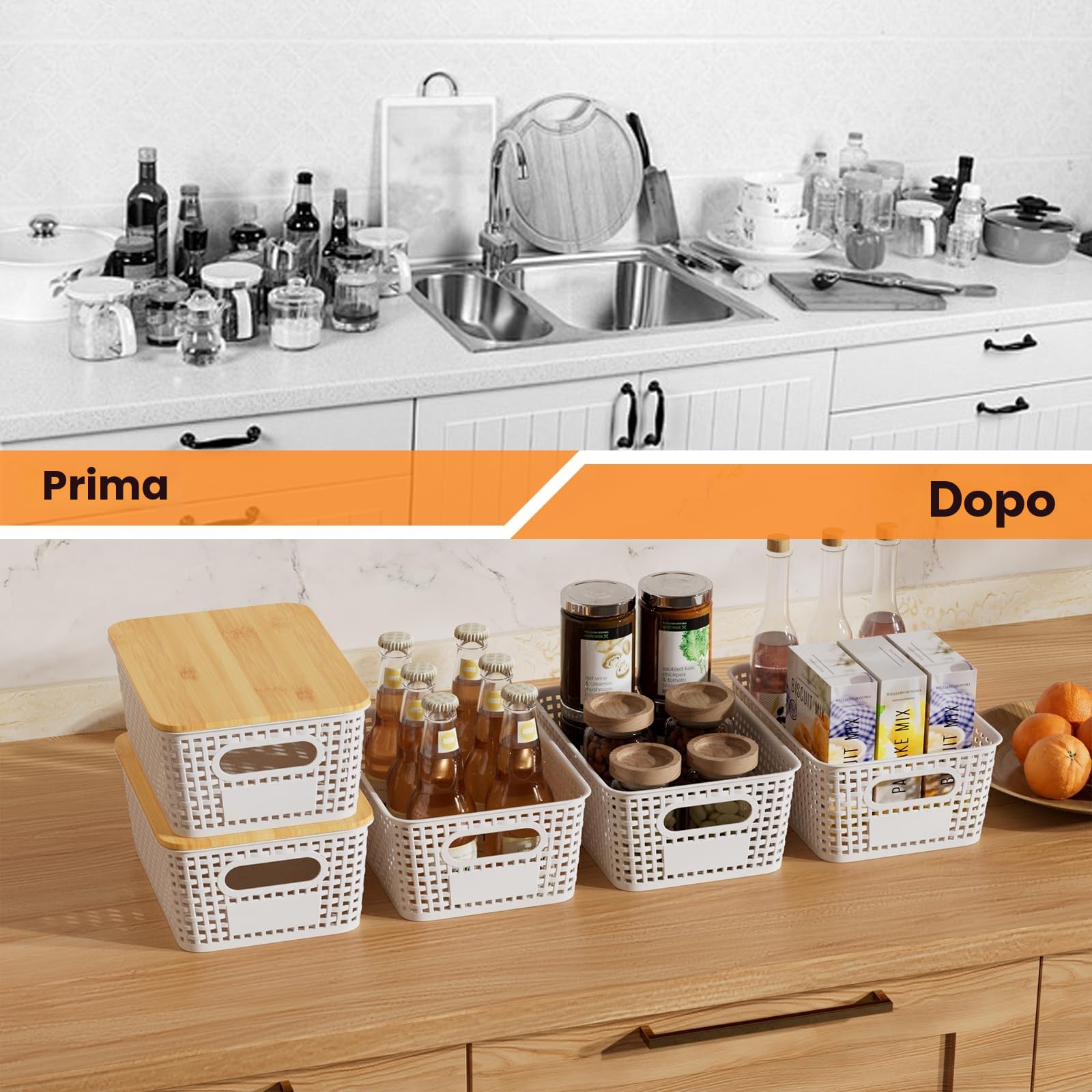 Set di 3 5L Scatole portaoggetti di Plastica con Bambù Coperchio Impilabili Salvaspazio Storage Cestini per Bagno Cucina Armadio Ufficio