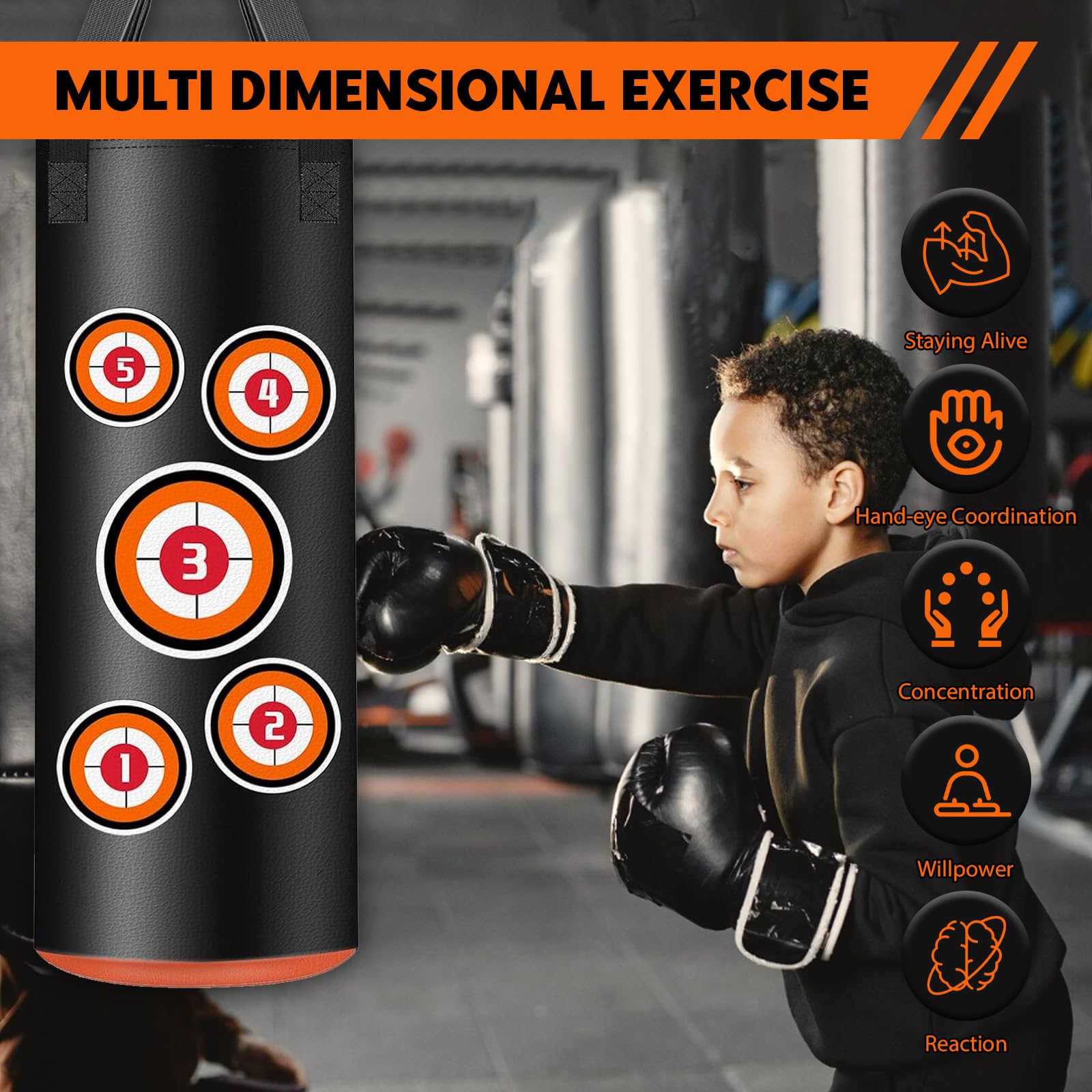 Saco de Boxeo Colgante para Niños, 60cm Sin Relleno Juego Colgante con Guantes, Cadenas y Ganchos de Fijación, Saco de Boxeo de Piel de Microfibra para Entrenamiento Kickboxing Fitness Niños Workout