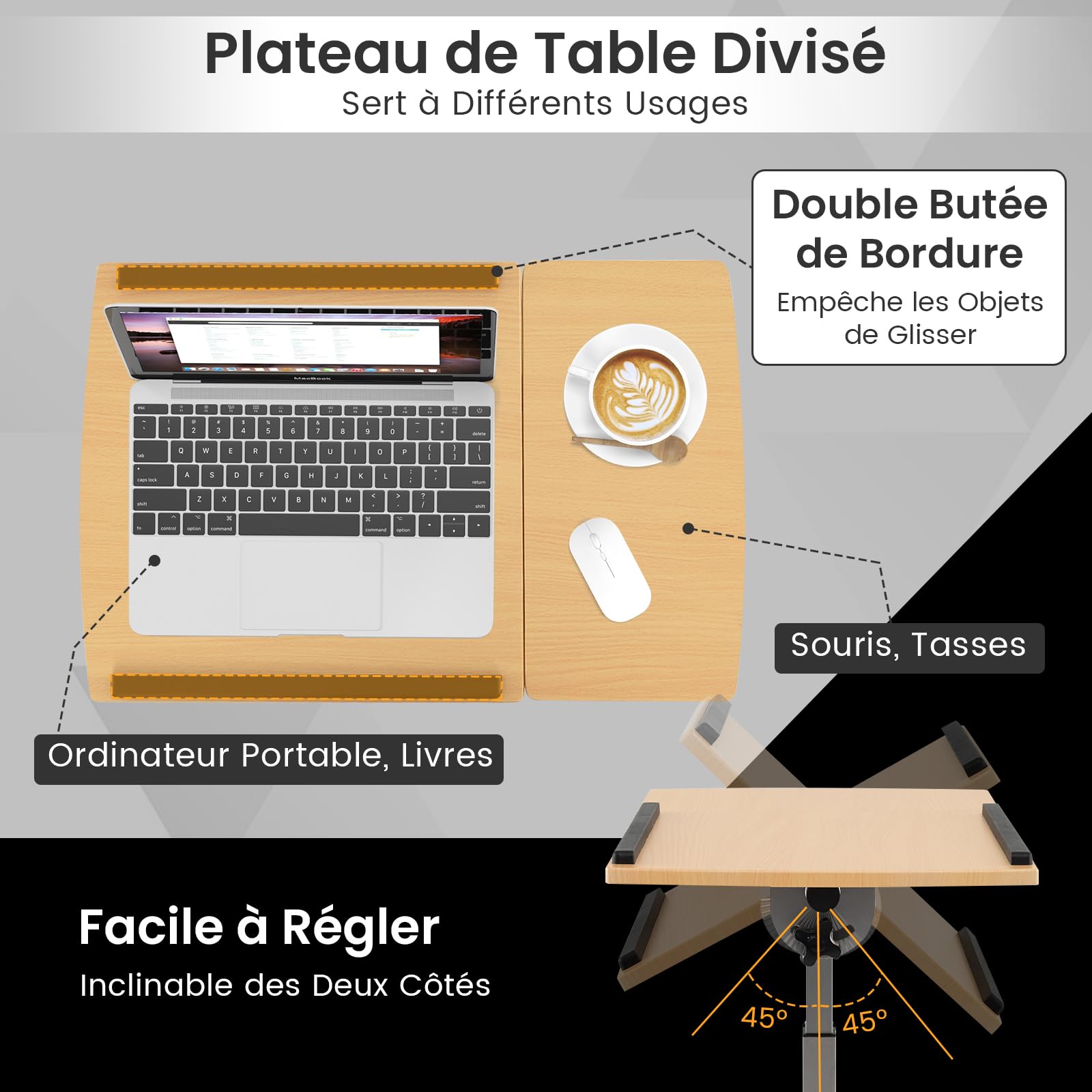 GYMAX Bureau Debout d'Ordinateur Portable, Tablette Inclinable, Hauteur Réglable 61-91cm, Bureau en Forme de C pour Lit Canapé, Gain de Place, pour Hôpital, Salon, Chambre