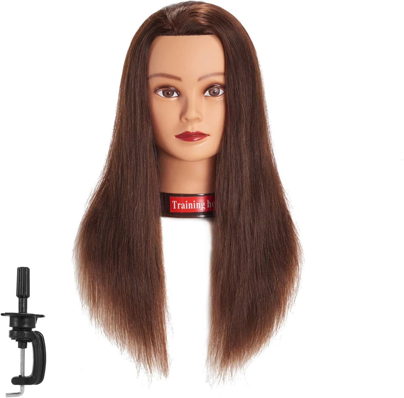 Traininghead 20-22" Female 100% Human Hair Mannequin Head Hair Styling Training Head Cosmetology Manikin Head Doll Head for Hairdresser with Free Clamp (Brown)