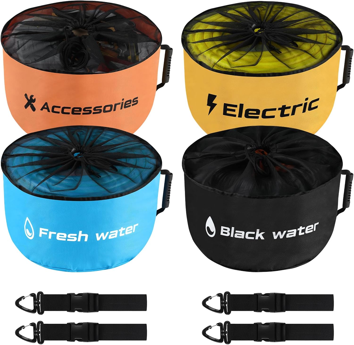 4 Pack RV Sewer Hose Storage with Drawstring Mesh Top, Waterproof RV Accessories Bags Utility Bag Organizer for Garden Fresh Water Hoses Electrical Cords Camper Tools