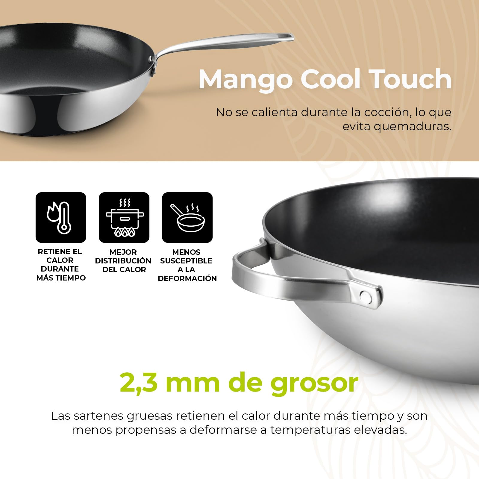 Be Living Sartén wok de acero inoxidable – Ø 32 cm – cerámica – inducción – sin PFAS, antiadherente – sartén – serie Essential