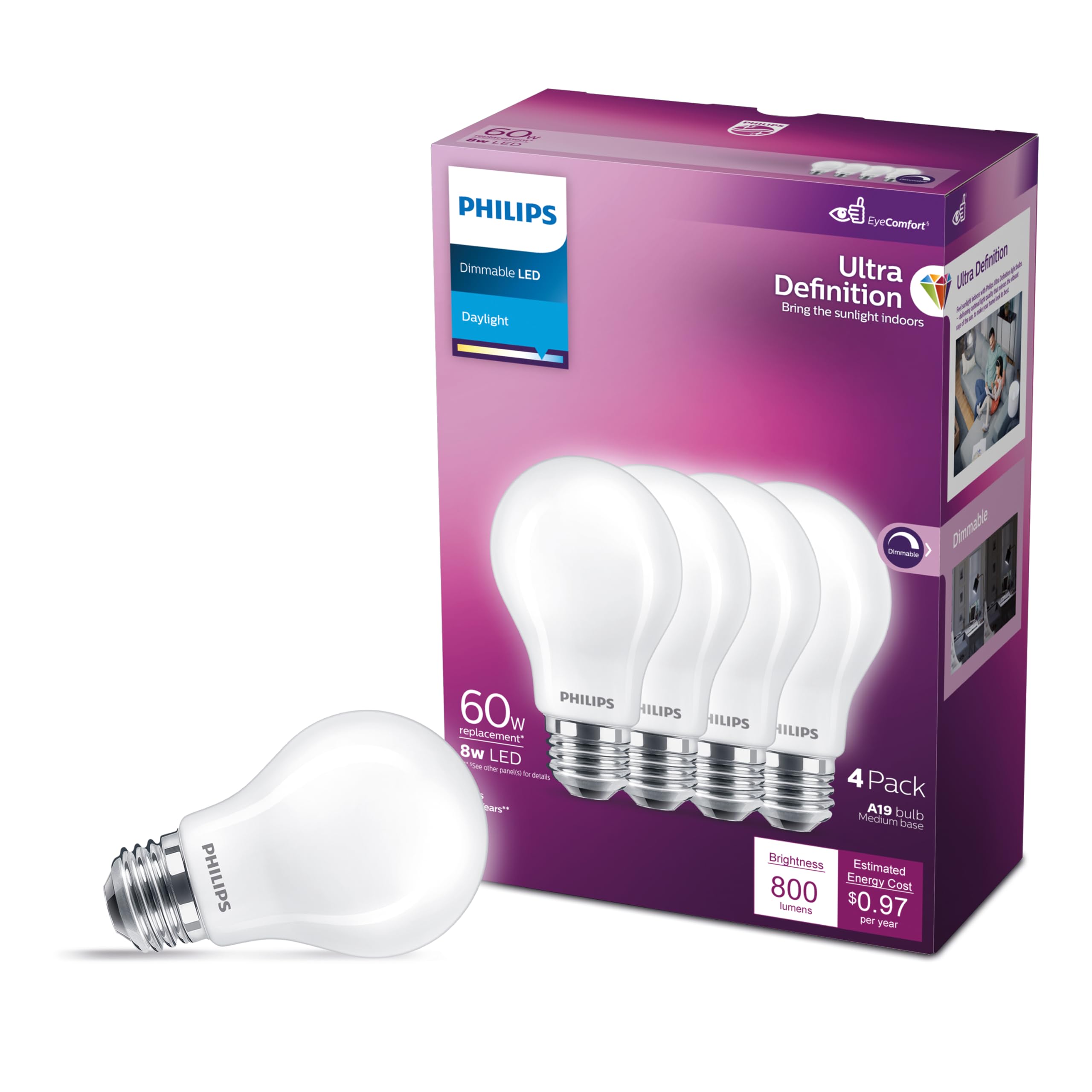 Heywood Philips Dimmable A19 Dimmable LED Bulb Matte Ultra Definition, EyeComfort Technology, 800 Lumens, Daylight (5000K), 8W=60W, E26 Base, Title 20 Certified, (576132) 4 Pack-image-7