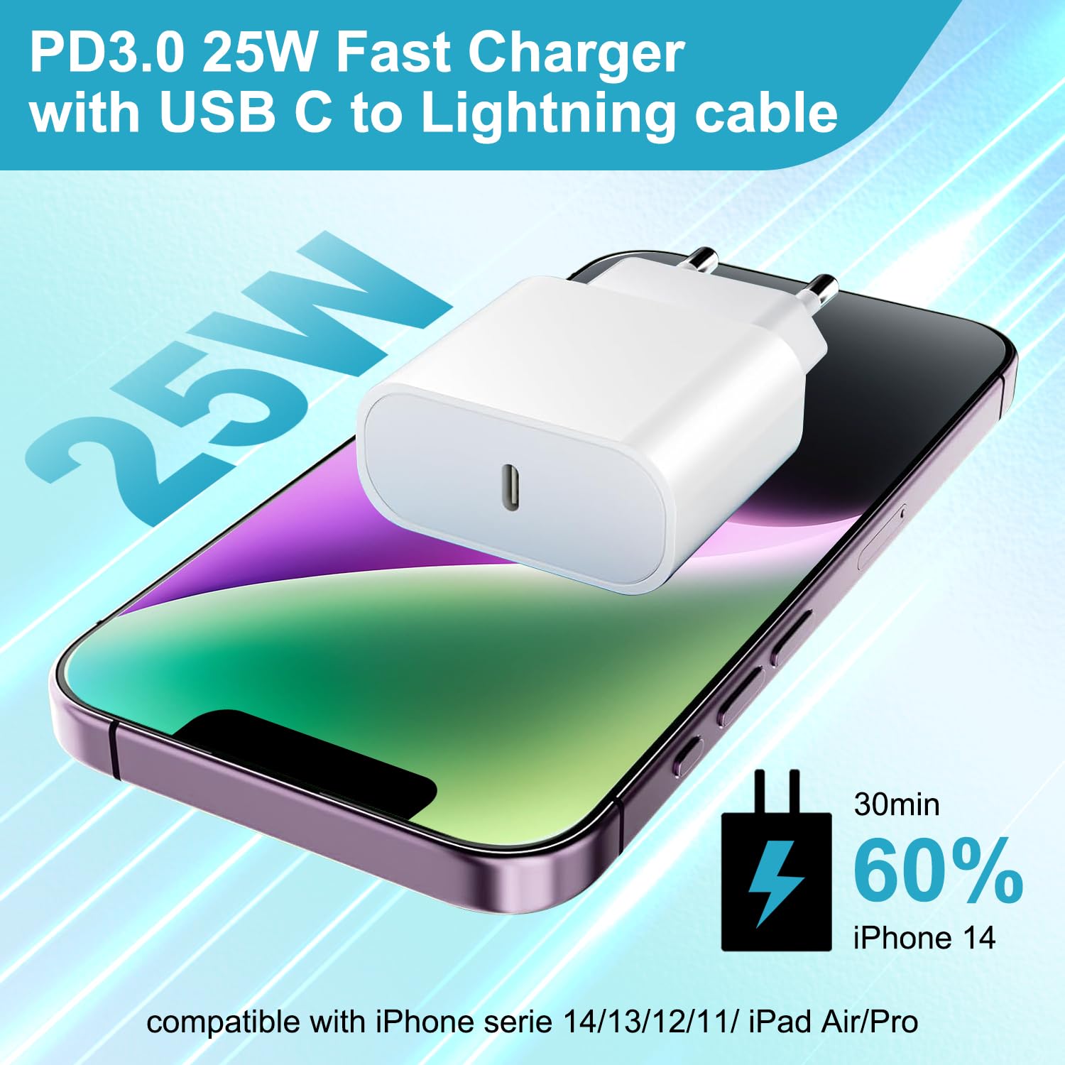 25W Caricatore iPhone Originale Apple MFi,Caricabatterie iPhone Caricatore Rapido per iPhone 14 13 12 11 Pro Max/Mini/XS/X/8, USBC Alimentatore Presa USB C Spinotto con 2M Cavo Ricarica Rapida