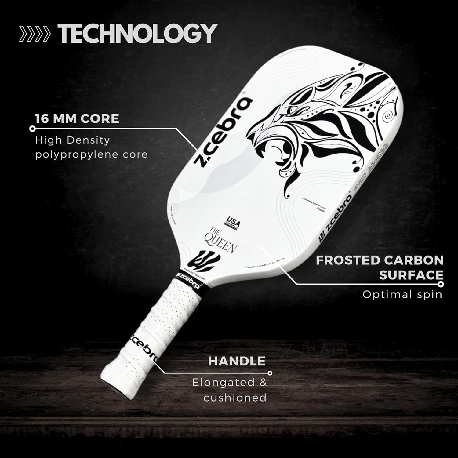 Pickleball Paddle The Queen Carbon Fiber Rough Surface 16mm Edgeless White Cover USA Pickleball Approved