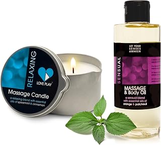 Set of Massage Oil for Sore Muscles and Massage Oil Candle for Pure Relaxation - Vegan Massage and Body Oils for Massage Therapy with Essential Oils 6.76 oz Each