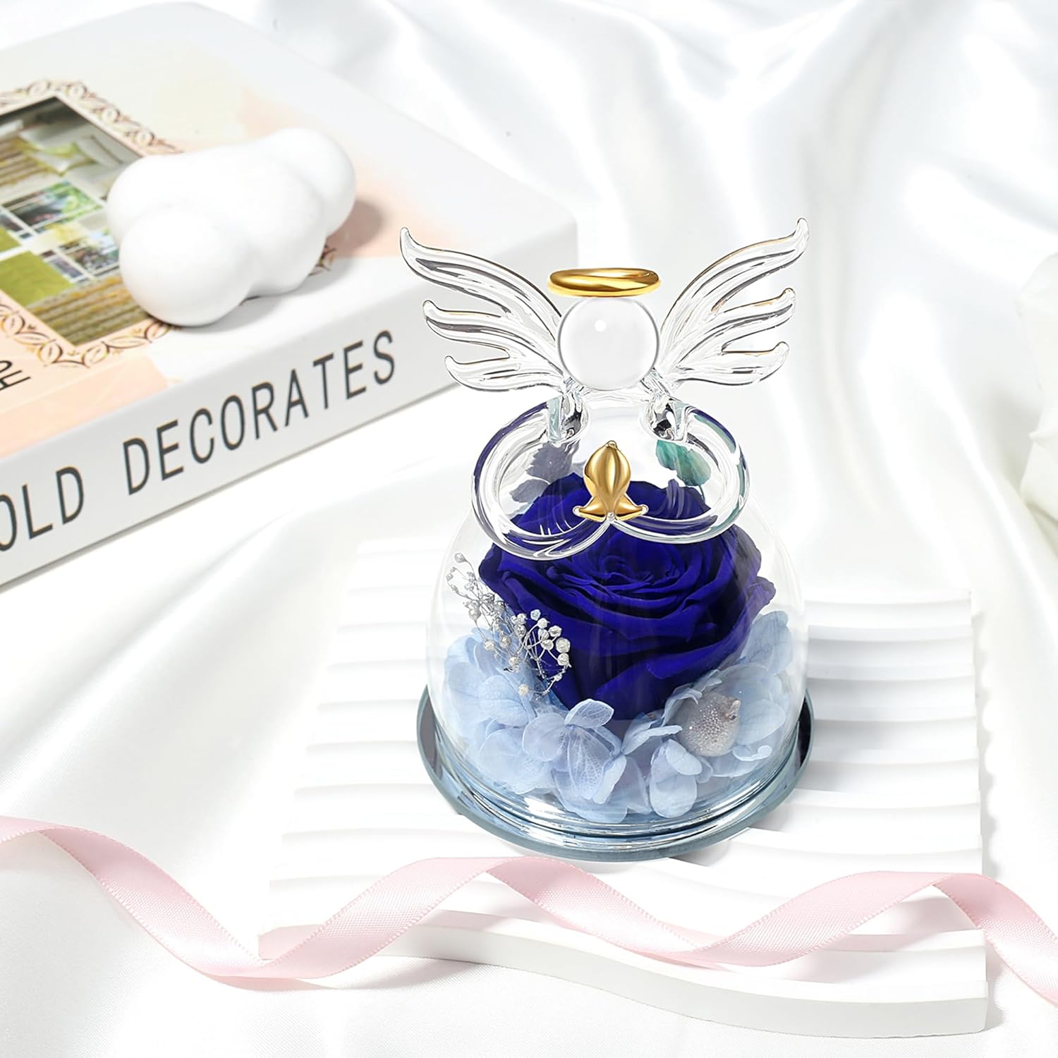 Blue Valentines Day Rose Gifts for Her, Preserved Rose in Glass Dome Angel Figurine Birthday Gift for Women, Valentines Angel Mothers Day Rose Gift for Mom Grandma - Image 4