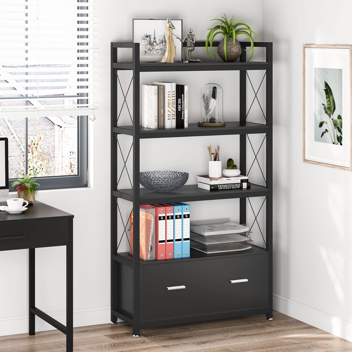 File Cabinet with Drawer, Vertical Lateral Filing Cabinet, Free Standing Storage Cabinet, Letter Size/A4 Size File Cabinet with Storage Shelves for Home Office, Black : Office Products